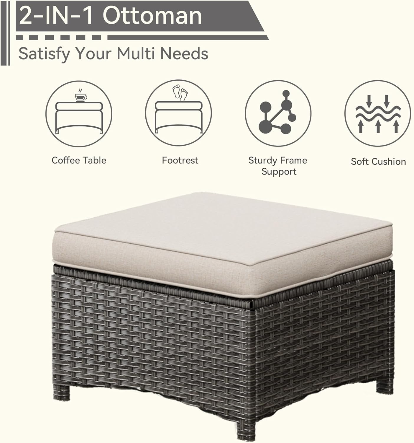 5 Pieces Patio Conversation Set, Wicker Chairs Set of 2 and Two Ottomans with 3.5-inch Seat Cushions, 1 Side Table High Back and Curved Armrest for Backyard, Balcony and Deck, Beige