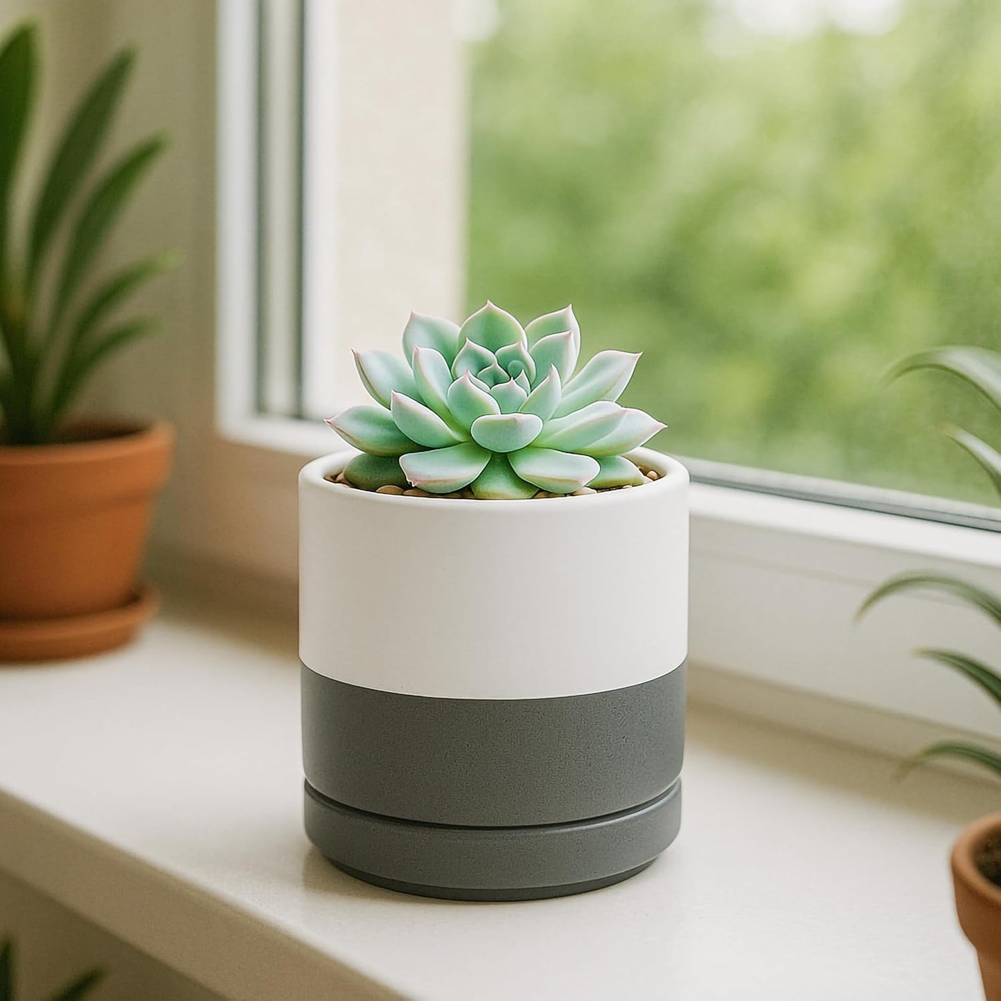 D'vine Dev Set of 2 Plants Pots, 3.5 Inch Ceramic Planter Pot for Plants with Drainage Hole and Saucer, White/Speckled Grey, 94-V-A-6