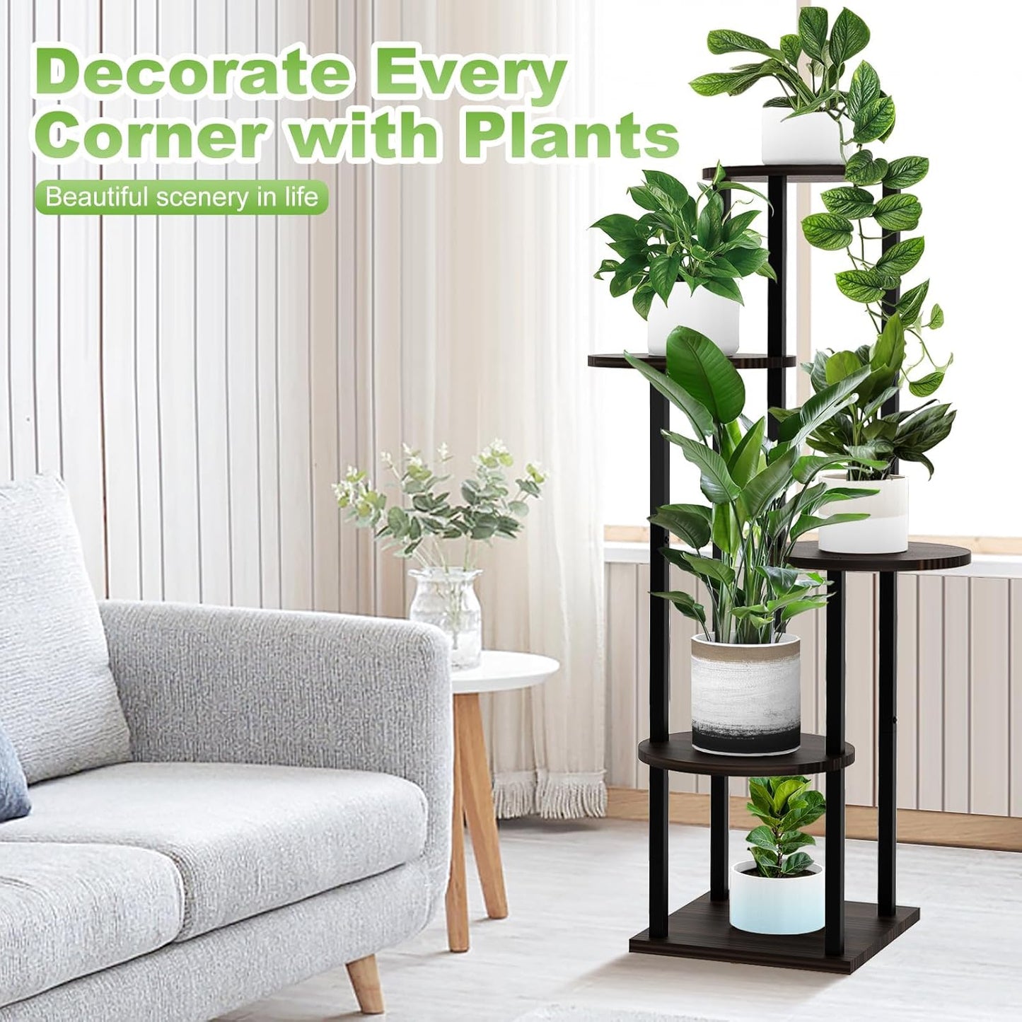 5 Tier Wood Tall Plant Stand Metal Rack Indoor, Multiple Flower Pot Holder Shelves Corner Rack, Round Planter Shelf Display Rack Storage Organizer for Patio Living Room Balcony(Black Oak)