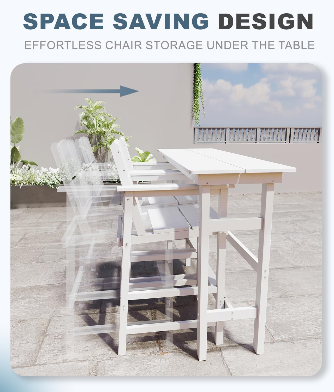 Bar Height Patio Table and Chairs Set, 3-Piece HDPE Outdoor Adirondack Bar Chairs and Patio Table, All-Weather Patio Furniture for Poolside, Backyard, Garden, High Top Patio Bar Set, White