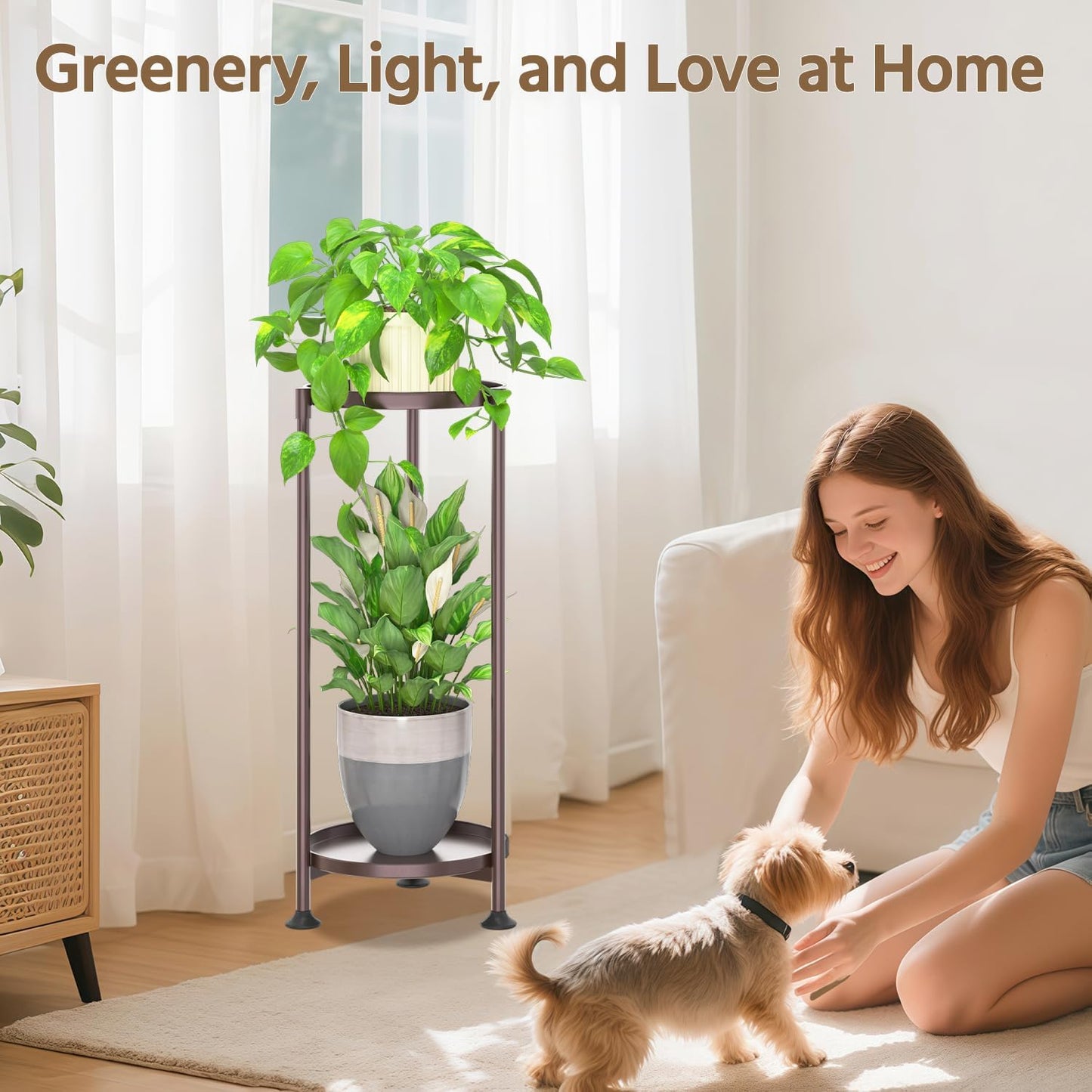 LASZOLA 2 Tier Bronze Plant Stand Indoor for Large Tall Heavy Duty Flower Planter, Metal Vertical Multi Level Rack for Narrow Floor Corner, Sturdy Round Holder Organizer, Modern, Mid Century, Farmhouse