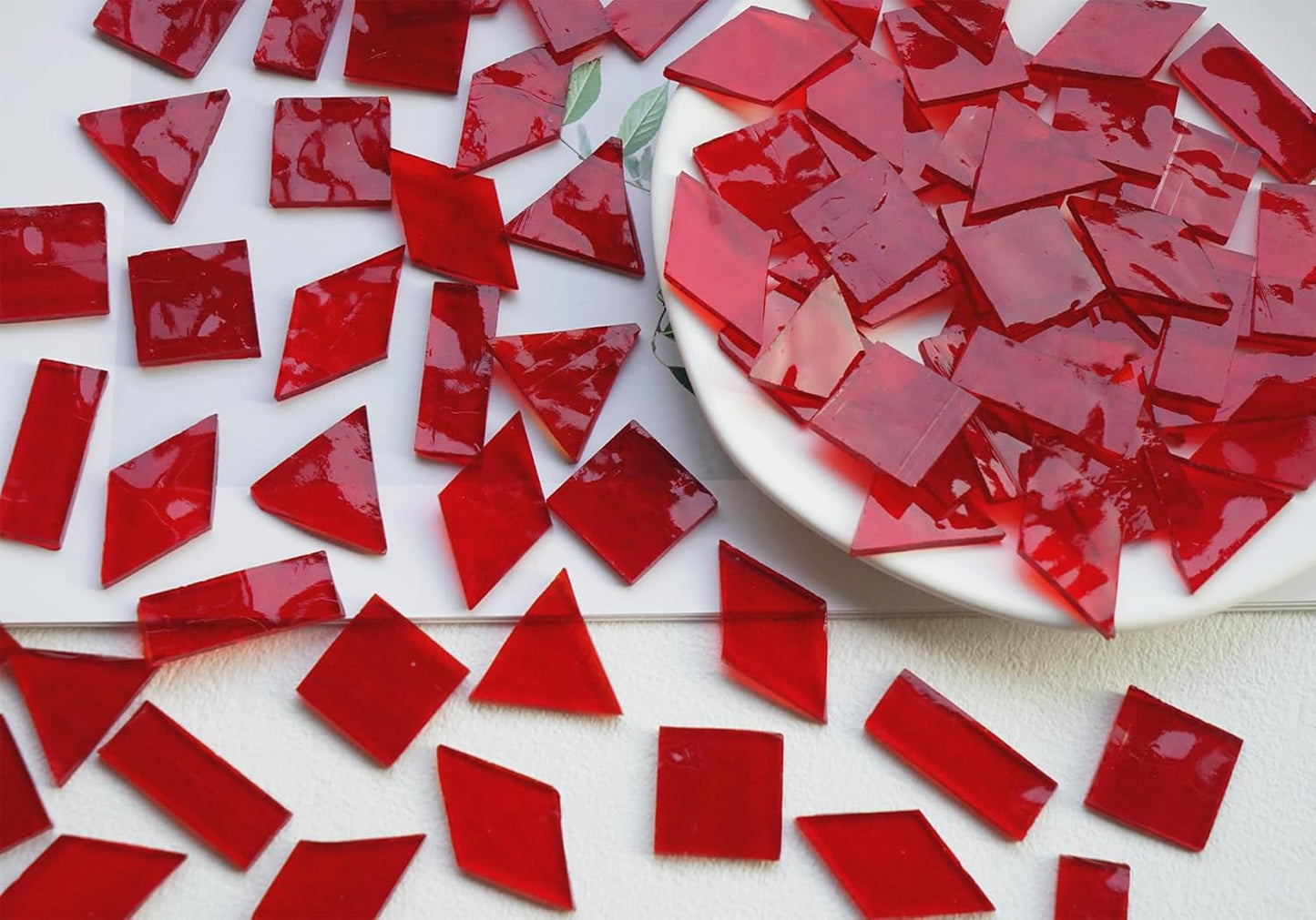 Transparent Textured Stained Glass Pieces, 200G Vibrant 4 Shapes Mosaic Tiles for DIY Crafts Bulk, Mosaic Making Kit, Lipstick Red