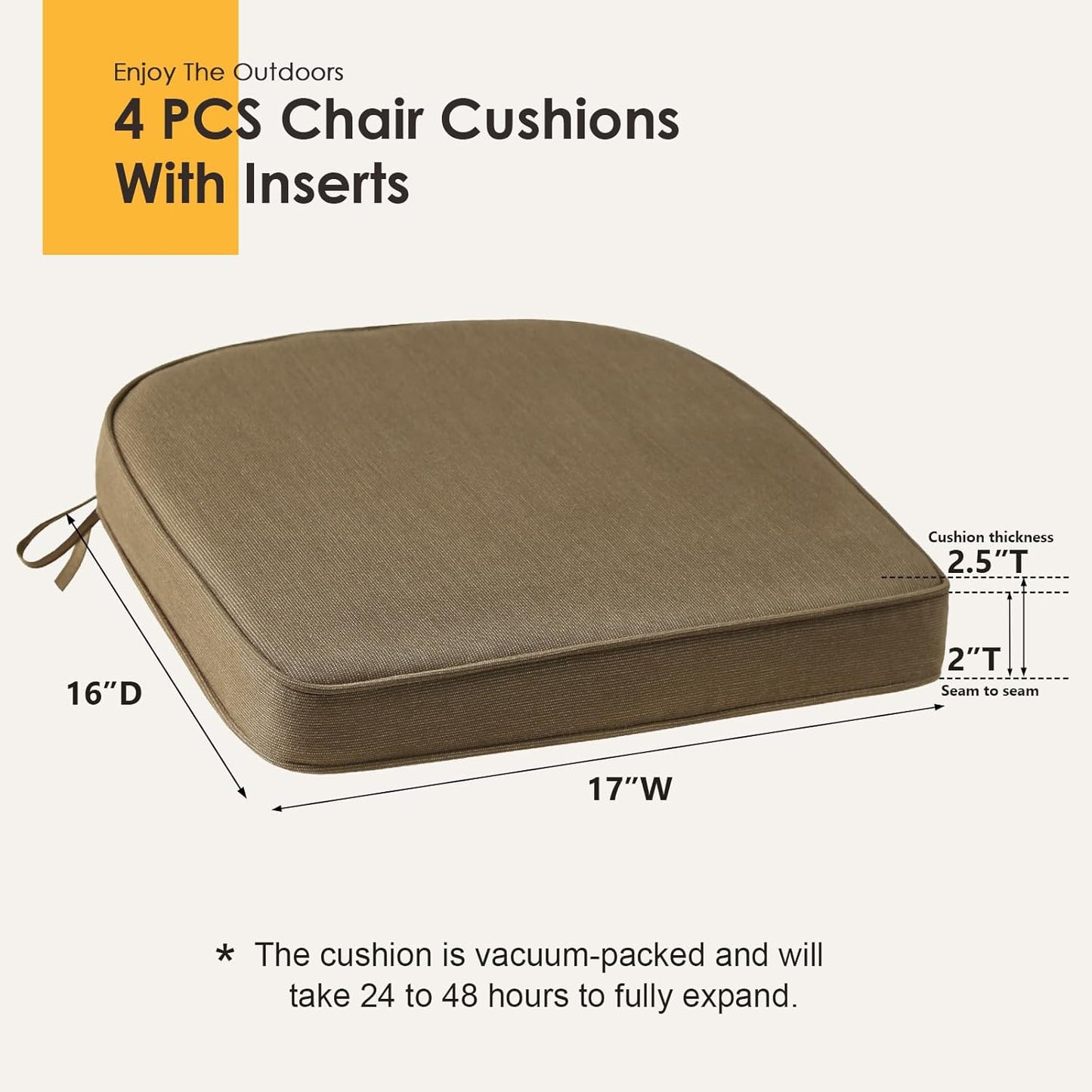 Outdoor Sunbrella Round Corner Seat Cushion, 17"x16"x2", Set of 4, Non Slip Seat Cushion Pads with Removable Cover for Patio Furniture, Garden Yard Lawn, Specrtum Caribou