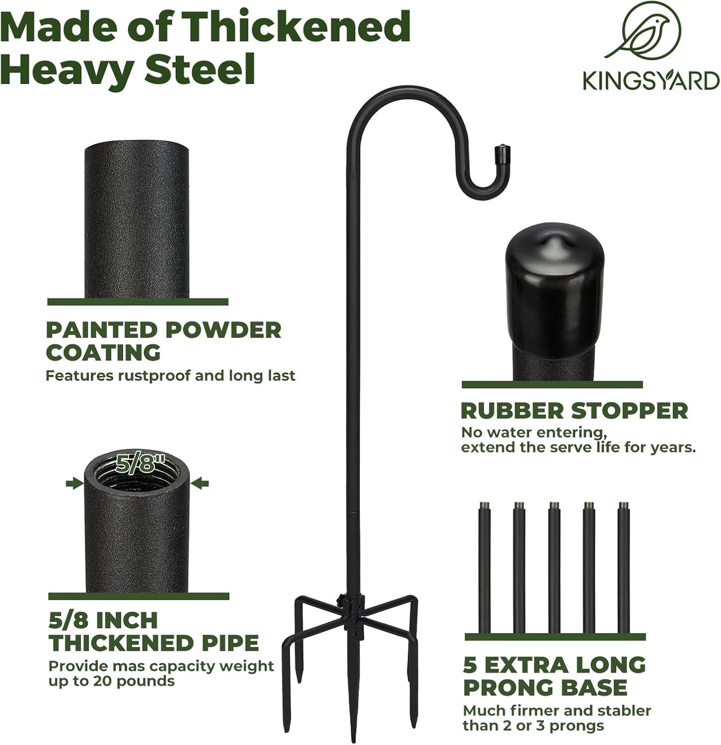 Kingsyard 2 Pack Adjustable Shepherd Hooks for Outdoor - 60 INCH Heavy Duty Bird Feeder Pole with 5 Prong Base, Hummingbird Feeder Stand, Garden Plant Baskets, Weddings Decor, Solar Light Lanterns