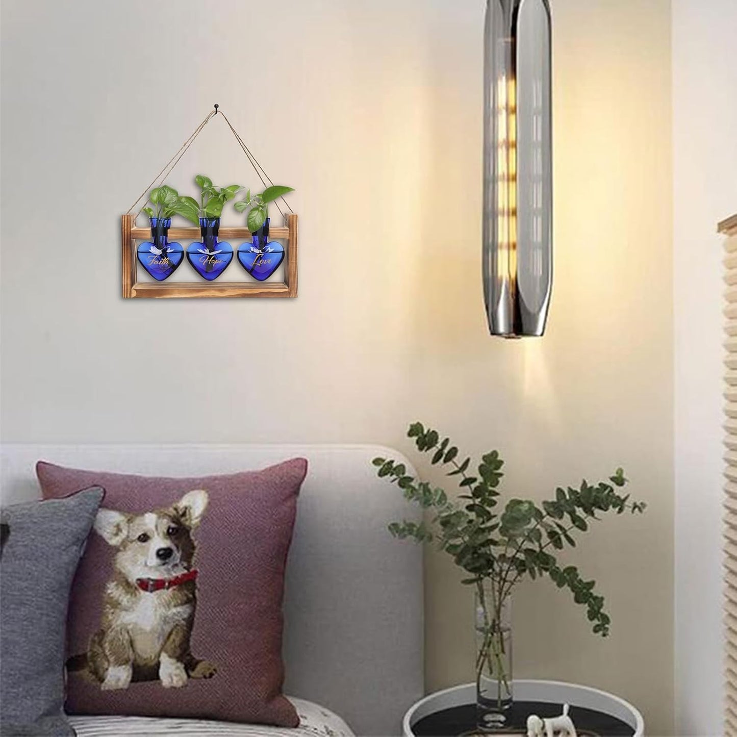 Plant Terrarium Propagation Stations Faith Hope Love Hydroponics Home Garden Decoration Gift for Women with Wooden Stand Heart Shaped Colored Glass Vase