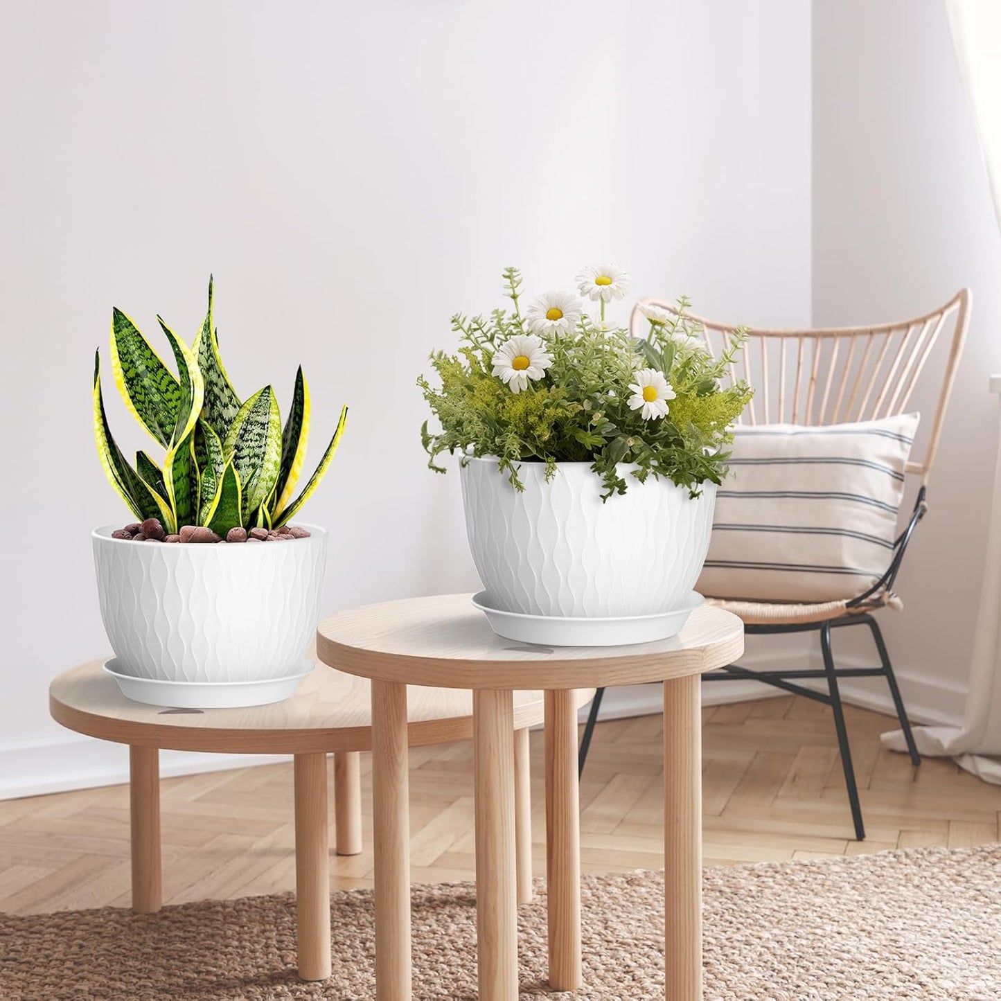 Plant Pots 12/10/9 Inch Pots, Set of 3 Plastic Planters with Drainage Holes and Saucers,Plastic Flower Pots,Nursery Planting Pot for Indoor Out Door Plants(White)