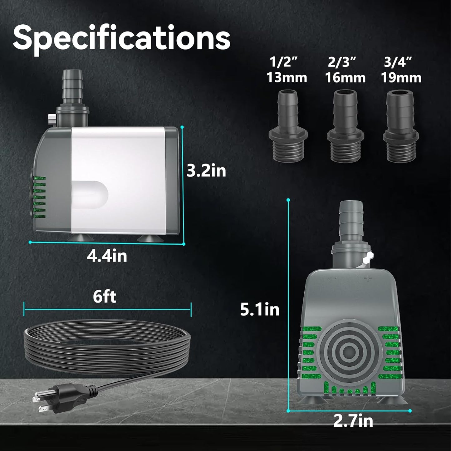880GPH Submersible Water Pump, Pond Pumps with Over Heating Protection Adjustable Flow Rate Desin 6.5ft High Lift for Fountains, Hydroponics, Ponds, Aquariums & More