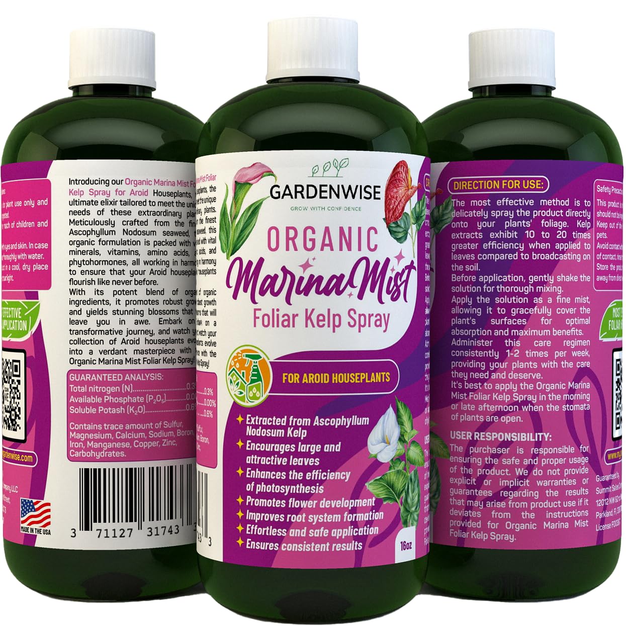 Marina Mist: Organic Aroid Plant Food & Foliar Kelp Spray - Nourish & Enhance Peace Lily, ZZ Plant, Elephant Ear, Monstera, Aglaonema, Philodendron, Pothos, Colocasias - Easy to Use (16 oz)