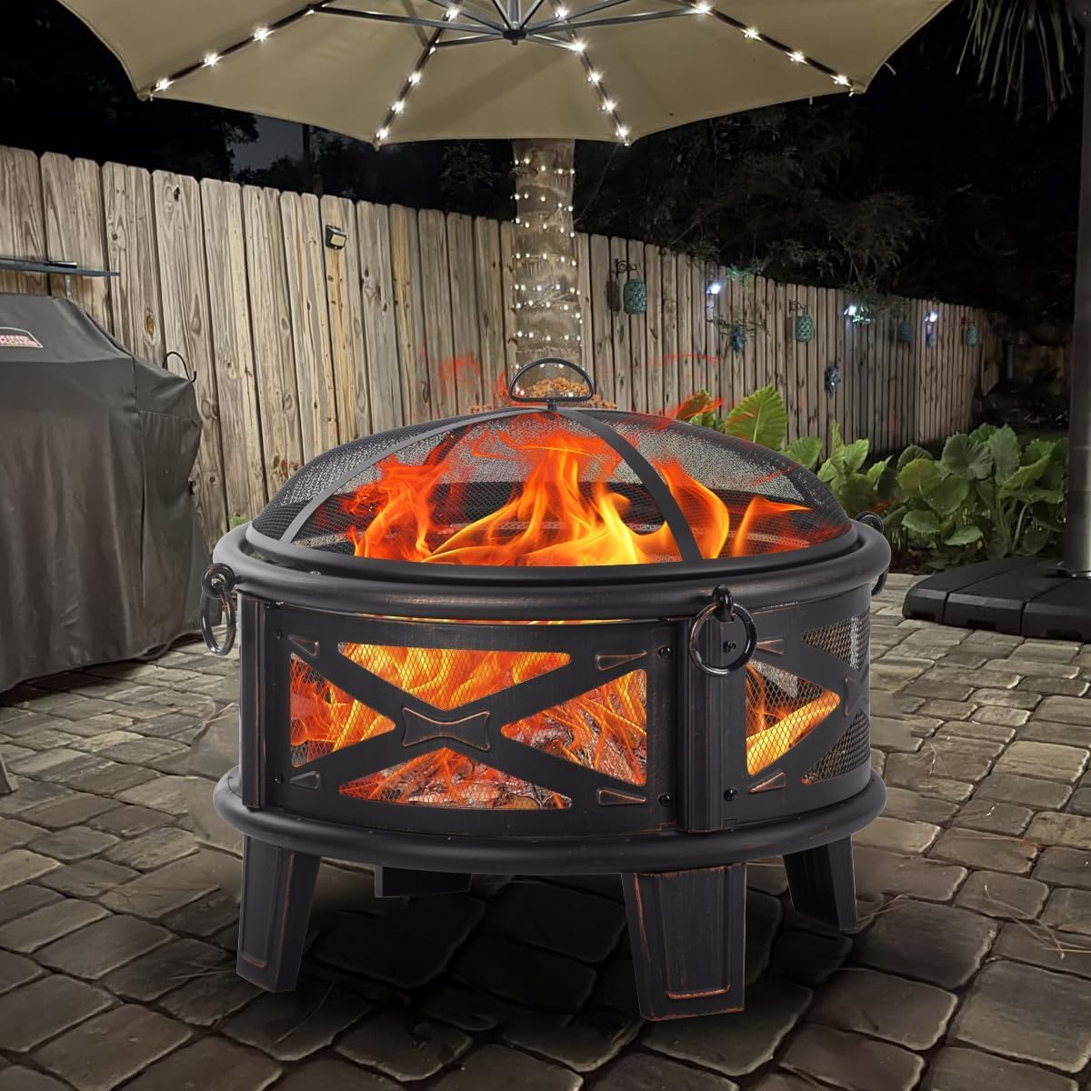 Breezz 26 Inch Wood Burning Fire Pit with Cooking Grill and Spark Screen, Outdoor Metal Round Firepit for Patio, Backyard, Bonfire Party, Camping