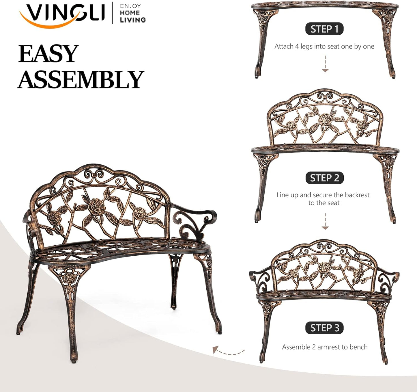 VINGLI 38.5" Patio Park Garden Outdoor Metal Rose Bench,Cast Iron Cast Aluminium Frame Antique Finish Chair,Accented Lawn Front Porch Path Yard Decor Deck Furniture for 2 Person Seat(Bronze