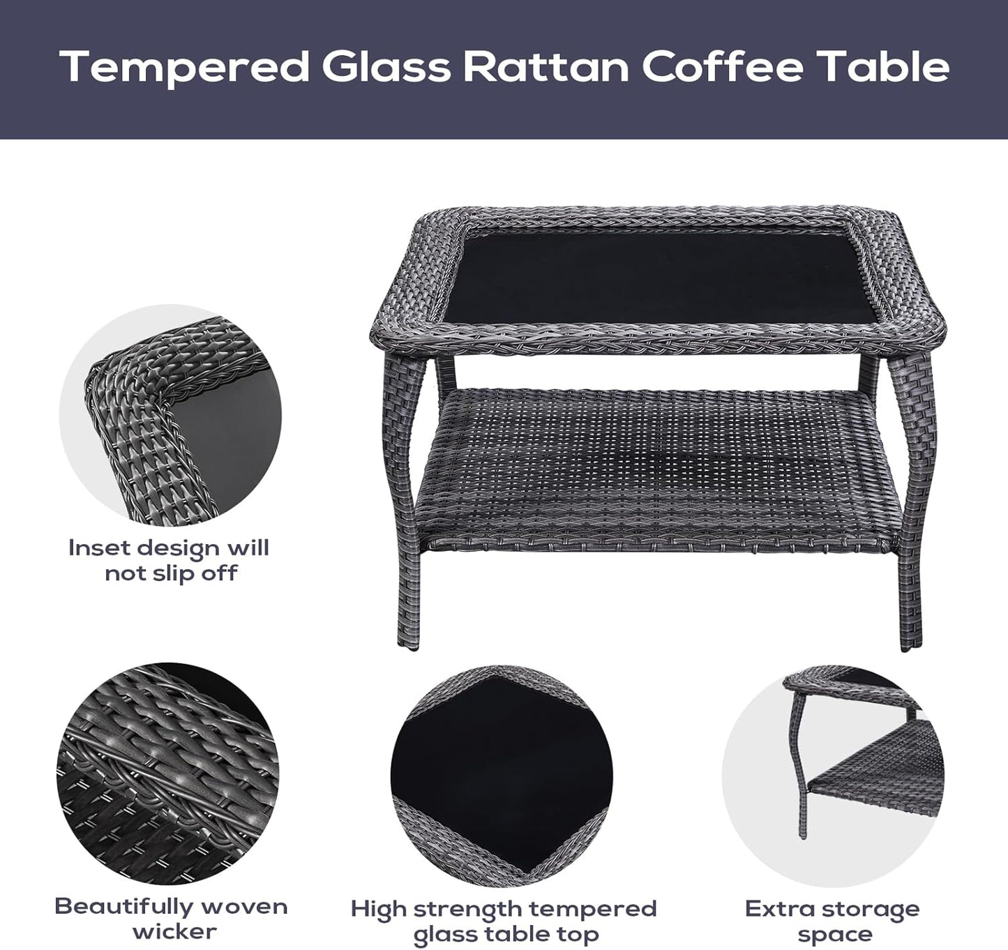 Outdoor Furniture Sectional Sofa L Shaped Couch - Patio Wicker Furniture Set with Coffee Table, 3 Piece Rattan Patio Conversation Sets with Gray Cushion for Deck Backyard Sunroom