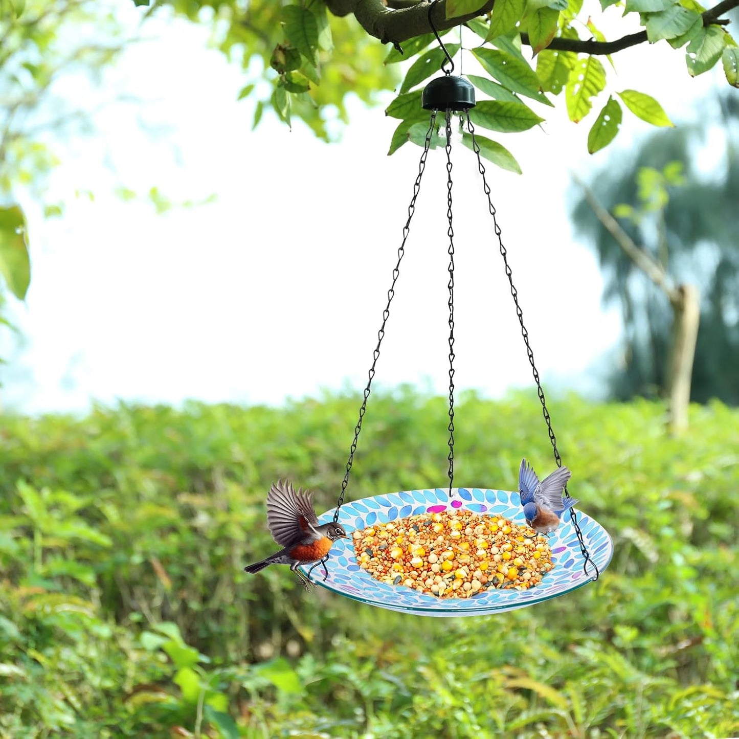 MUMTOP Mosaic Hanging Bird Bath-Bird Baths for Outdoors - 12 Inch Glass Bird Water Bowl Bird Feeders for Outside, Garden, Lawn Yard Decor(Blue)