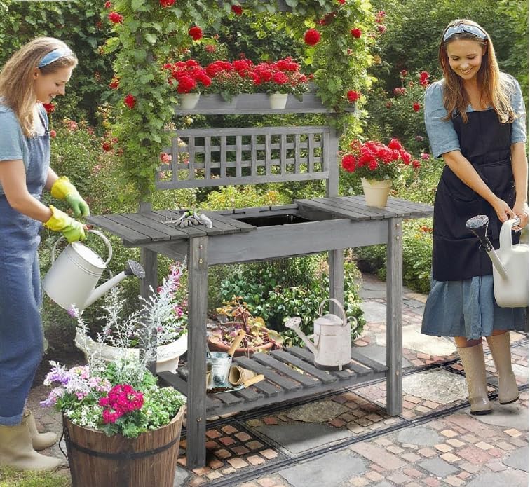 Garden Potting Bench Table Outdoor, Wood Workstation with Storage Shelf and Dry Sink, Multi-Purpose Organizer for Patio, Backyard, Porch, Brown