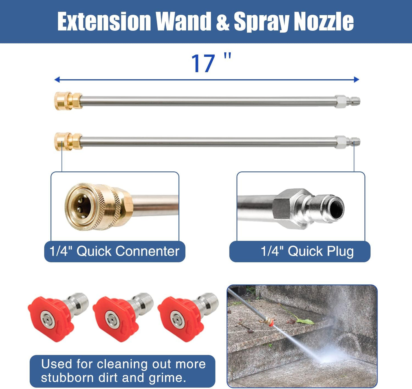 JANZ 20'' Pressure Washer Surface Cleaner with 4 Wheels, Stainless Steel Housing, 1/4" Quick Plug, 2 Extension Wands, 2 Replacement Nozzles and 3 Spray Nozzles, 4000 PSI