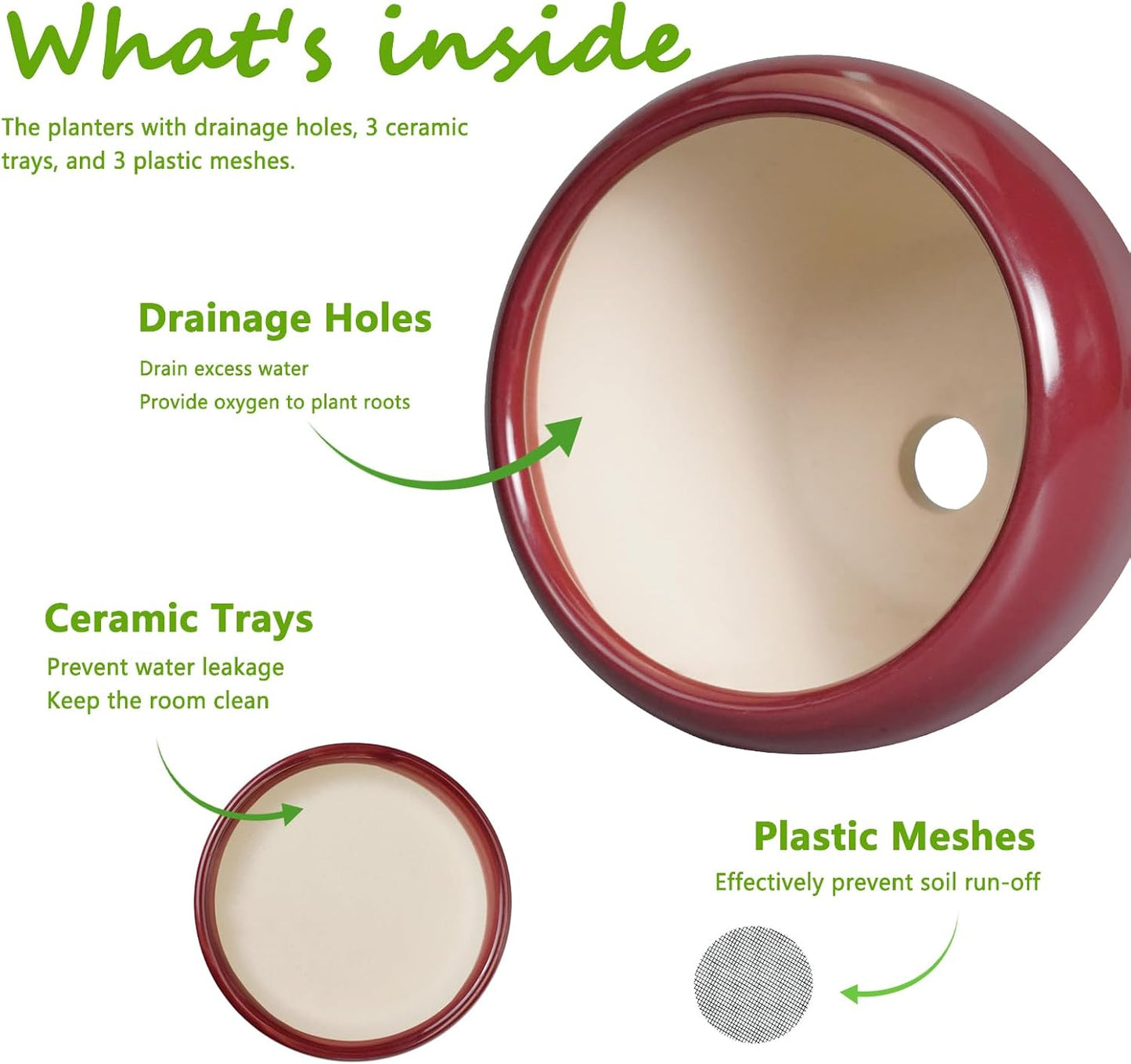 Ceramic Pots for Plants - 10 Inch 8 Inch 6 Inch Plant Pots with Drainage Holes and Saucers Large Planters for Indoor Plants Decorative Outdoor Flower Pots Set of 3 Red