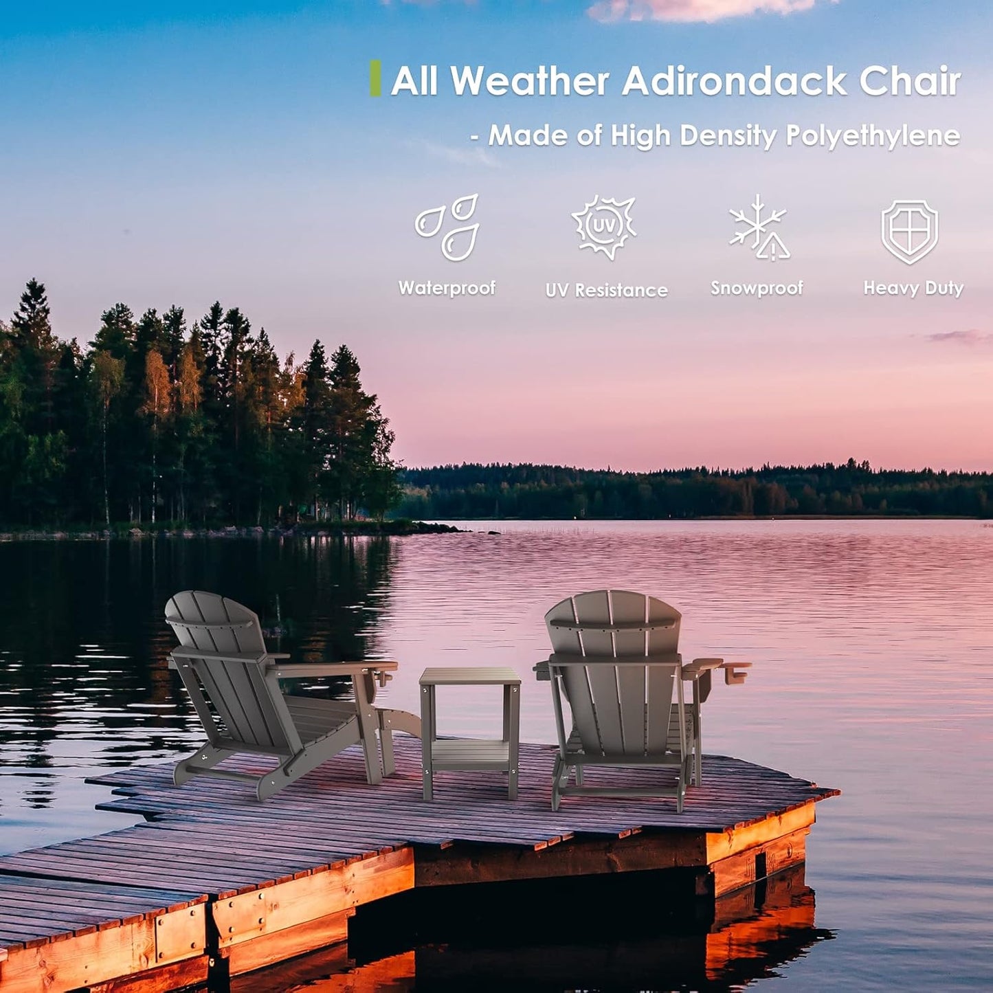 GREENVINES Folding-Adirondack-Chairs-Set-of-2 | HDPE Plastic | Fire Pit Chair | All Weather | Cup Holder | Grey | for Deck Backyard Patio Outdoor Garden