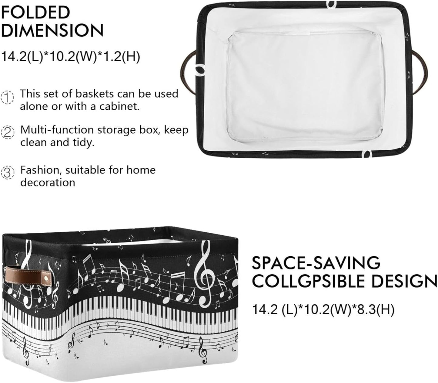 Black White Music Rectangular Storage Basket Organizer Bin Shelf Baskets For Clothes Gifts For Home Office Dorm