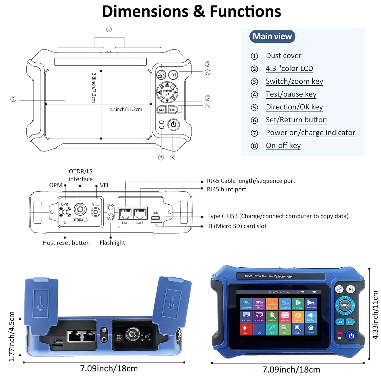 16-in-1 OTDR Optical Fiber Tester 1310/1550nm,4.3' Touch Screen and Event Map OLT (Optical Loss Test), Fiber Tester Built-in VFL OPM LS/OLS/RJ45,Functions RJ45 Cable Tester Network Tools