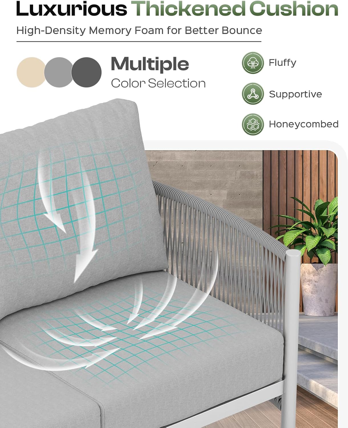 Aluminum Outdoor Patio Furniture Set, HDPE Rope 4 Piece Modern Sectional Conversation Sets with Dual-Layer Coffee Table, All Weather Patio Couch Sofa with Thick Cushions, Silver Frame, Silver