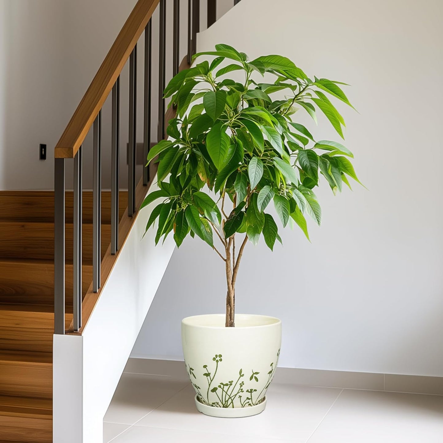 Ceramic Pot for Plants 10 Inch - Indoor Planter for Plants with Drainage Hole and Saucer, Decorative Boho Round Planter, Gardening Gifts for Women Men, Office Home Garden Decor, White