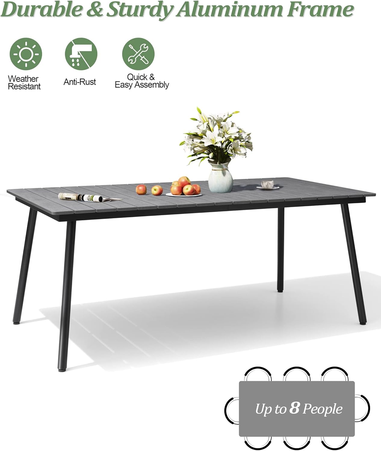 Aluminum 70 Inch Patio Outdoor Dining Table for 6, Umbrella Hole & Wood-Like Top, All-Weather Deck & Backyard Table