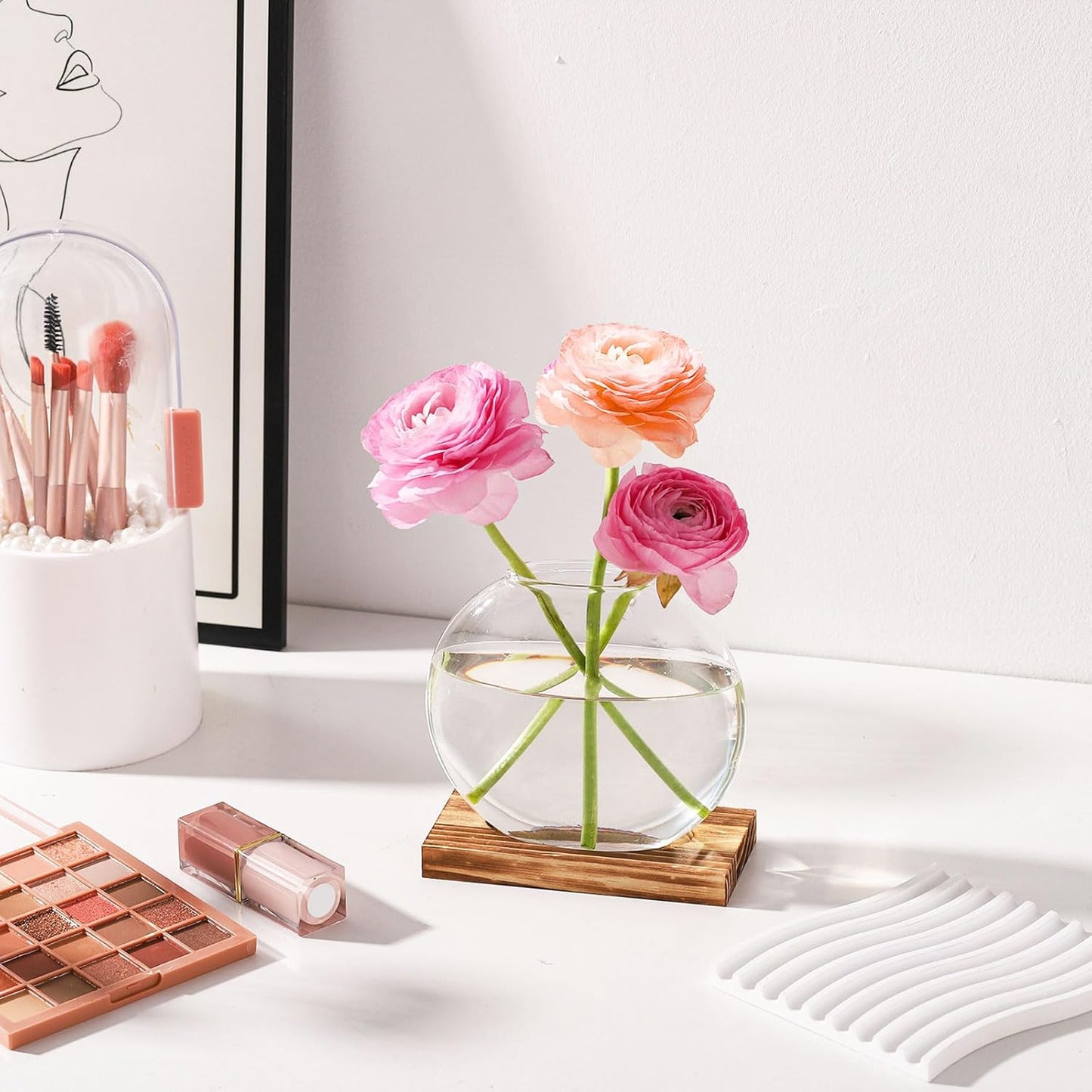 2 Pack Plant Propagation Station with Wooden Base Glass Terrariums for Indoor Plants Decorative Round Vases for Flowers Hydroponic Planter for Home Office Decor