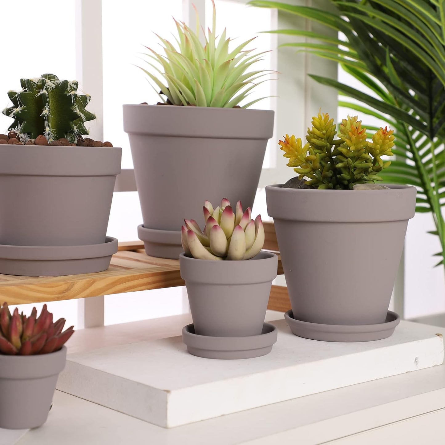 Yishang Large Terra Cotta Pots with Saucer- 4 Pack Large 6'' Terra Cotta Plant Pot with Drainage Hole, Flower Pot with Tray, Terracotta Pot for Indoor Outdoor Plant(Grey)