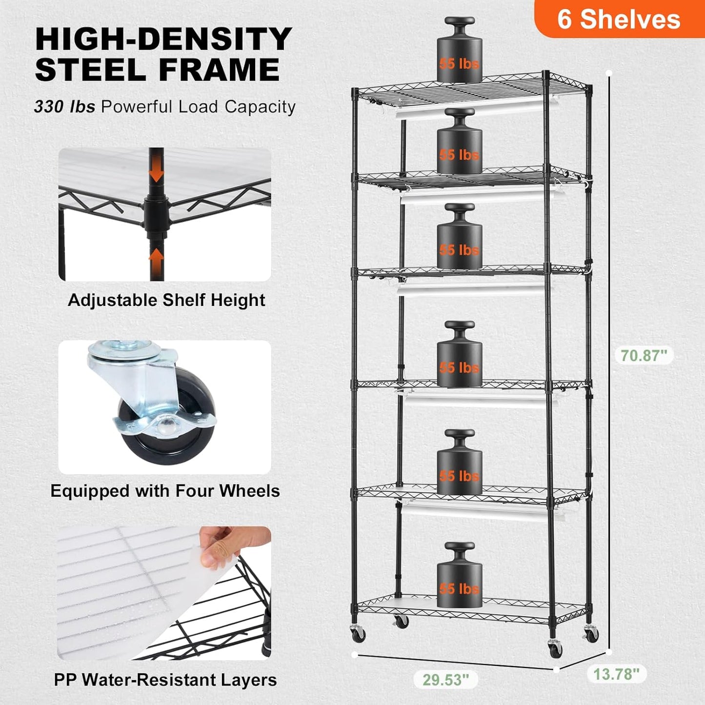 VEVOR Plant Stand with Grow Light, 6-Tier Large Tall Plant Shelf with 150W Full Spectrum Grow Light, 3 Mode LED Plant Light with Timer and Wheel for Seed Starting 29.5" L x 13.8" W x 70.9" H