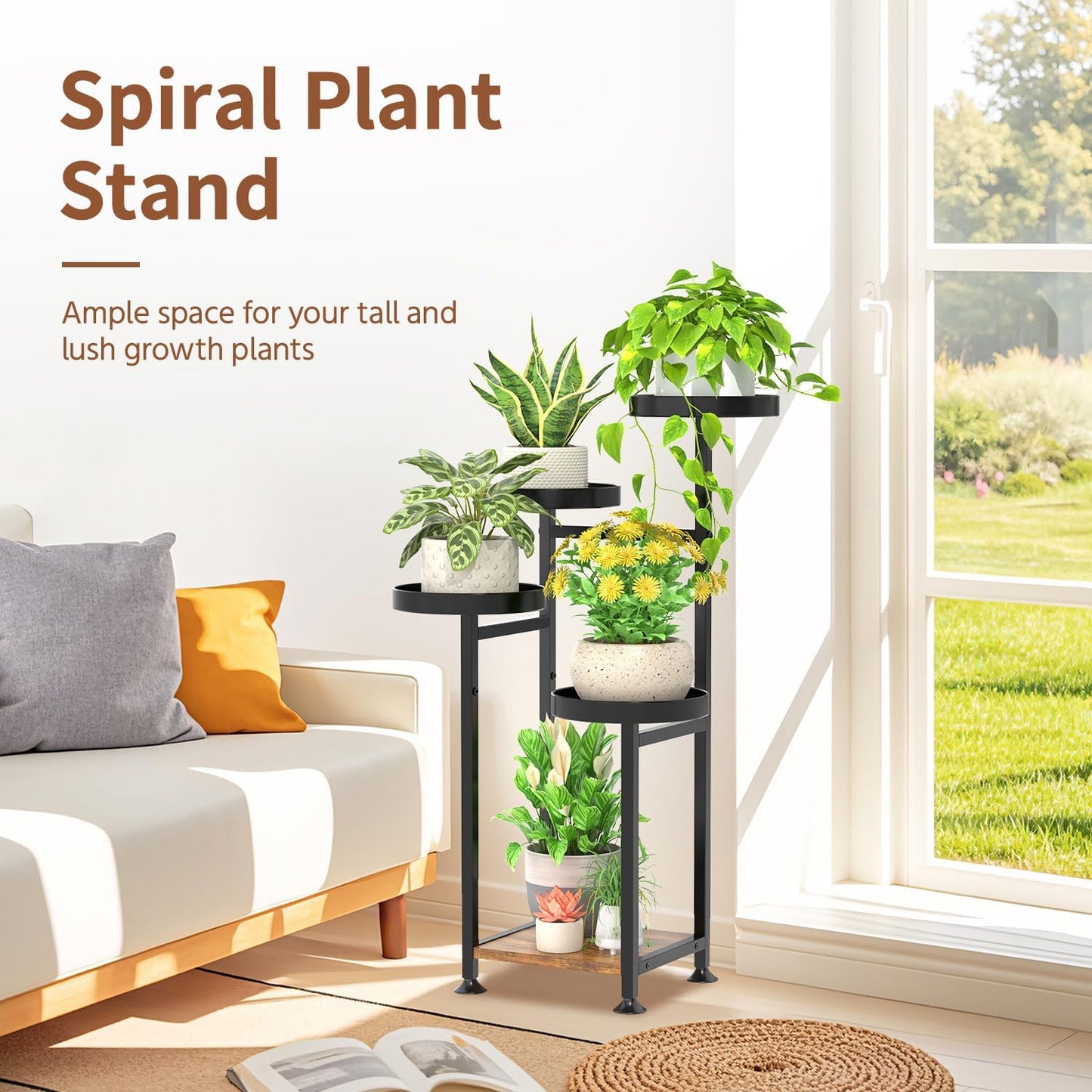 LASZOLA 5 Tiered Black Plant Stand Indoors for Multi Larger Heavy Duty Planter, Sturdy Flowers Rack for Narrow House Inside, Decorate for Herb Tree, Metal Ladder Shelving with Wood Base, Space Saving