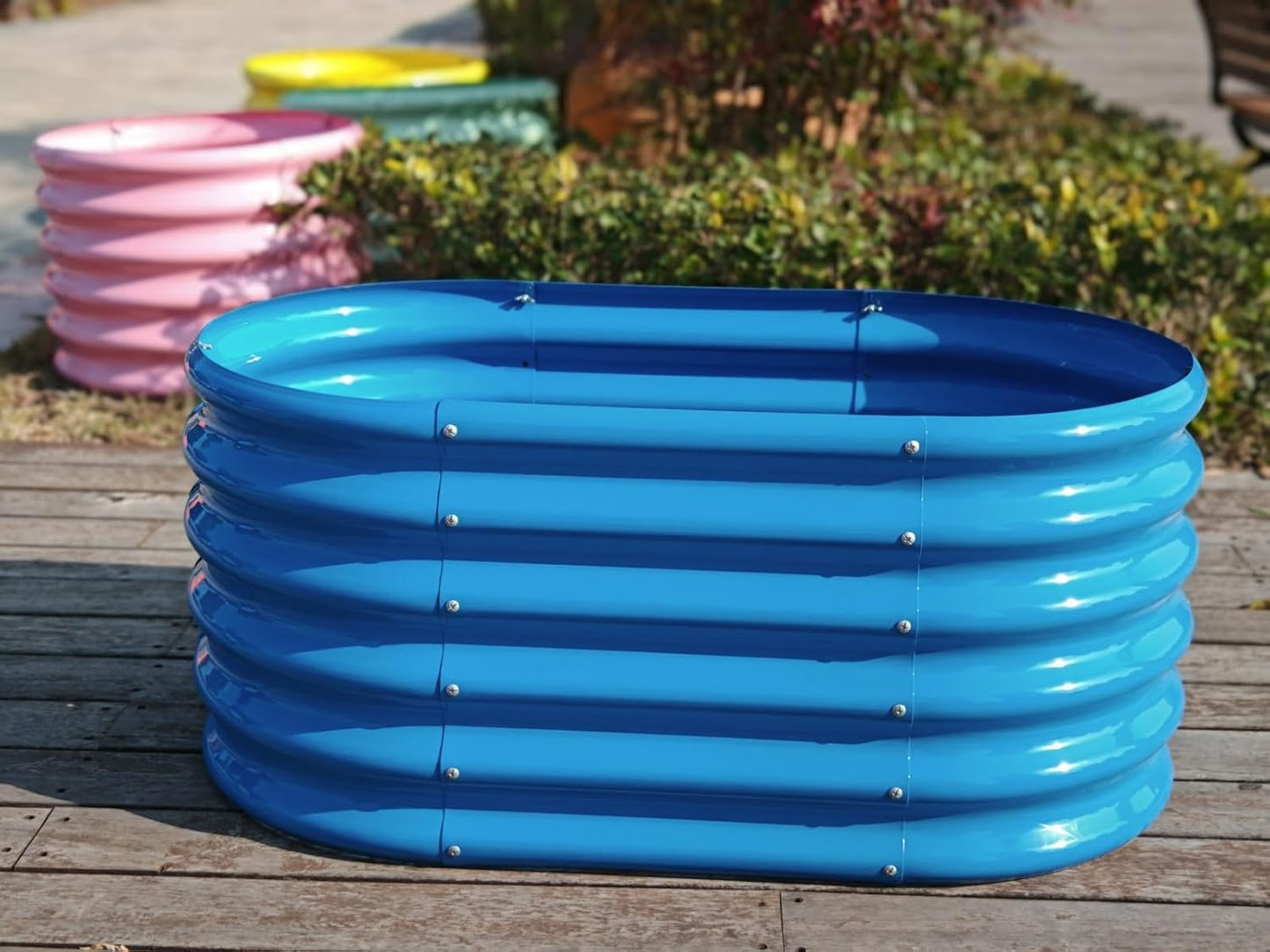 A ANLEOLIFE Kids Raised Garden Beds Outdoor (3-Pack)-40x24x18in Oval Round Galvanized Metal Planter Box for Planting Vegetables, Flowers, Fruits, Eco-Safe & Easy Setup, Sky Blue