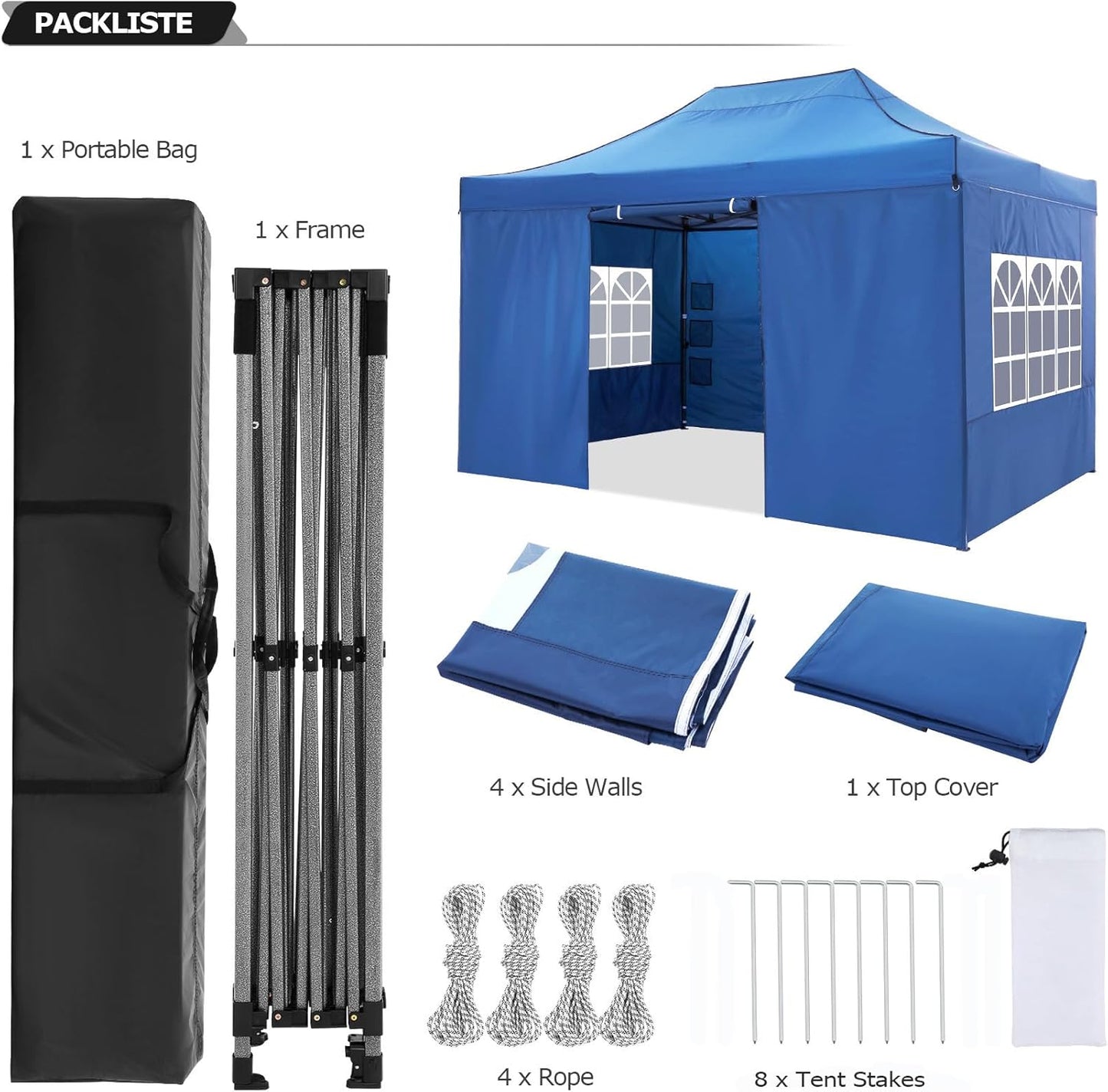 COBIZI 10x15 Pop up Canopy Heavy Duty with 4 Sidewalls, Easy Set-up Commercial Outdoor Party Canopy, 100% Waterproof Wedding Gazebo, 3 Height Adjustable with Handbag, Blue