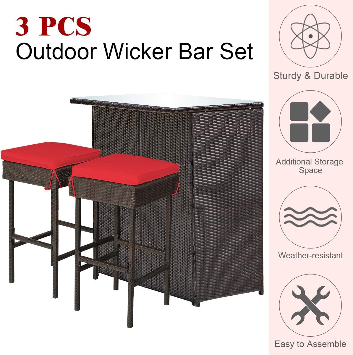 Tangkula Patio Bar Set, 3 Piece Outdoor Rattan Wicker Bar Set with 2 Cushions Stools & Glass Top Table, Outdoor Furniture Set for Patios Backyards Porches Gardens Poolside (Red)