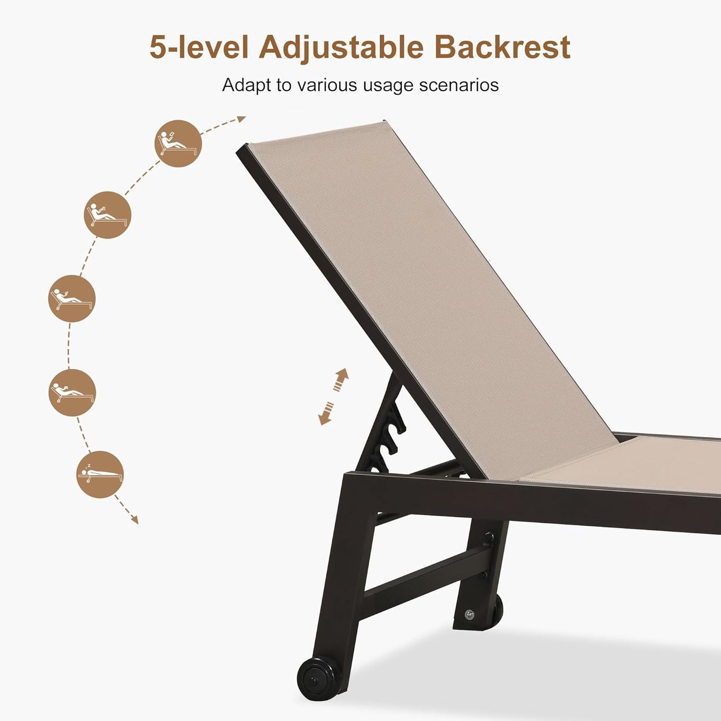 PURPLE LEAF Outdoor Chaise Lounge Chair Set of 3, Pool Lounge Chair for Outside, Aluminum Patio Chaise Lounger with Adjustable Backrest and Wheels for Deck, Outside, Lawn, Garden, Sand Beige