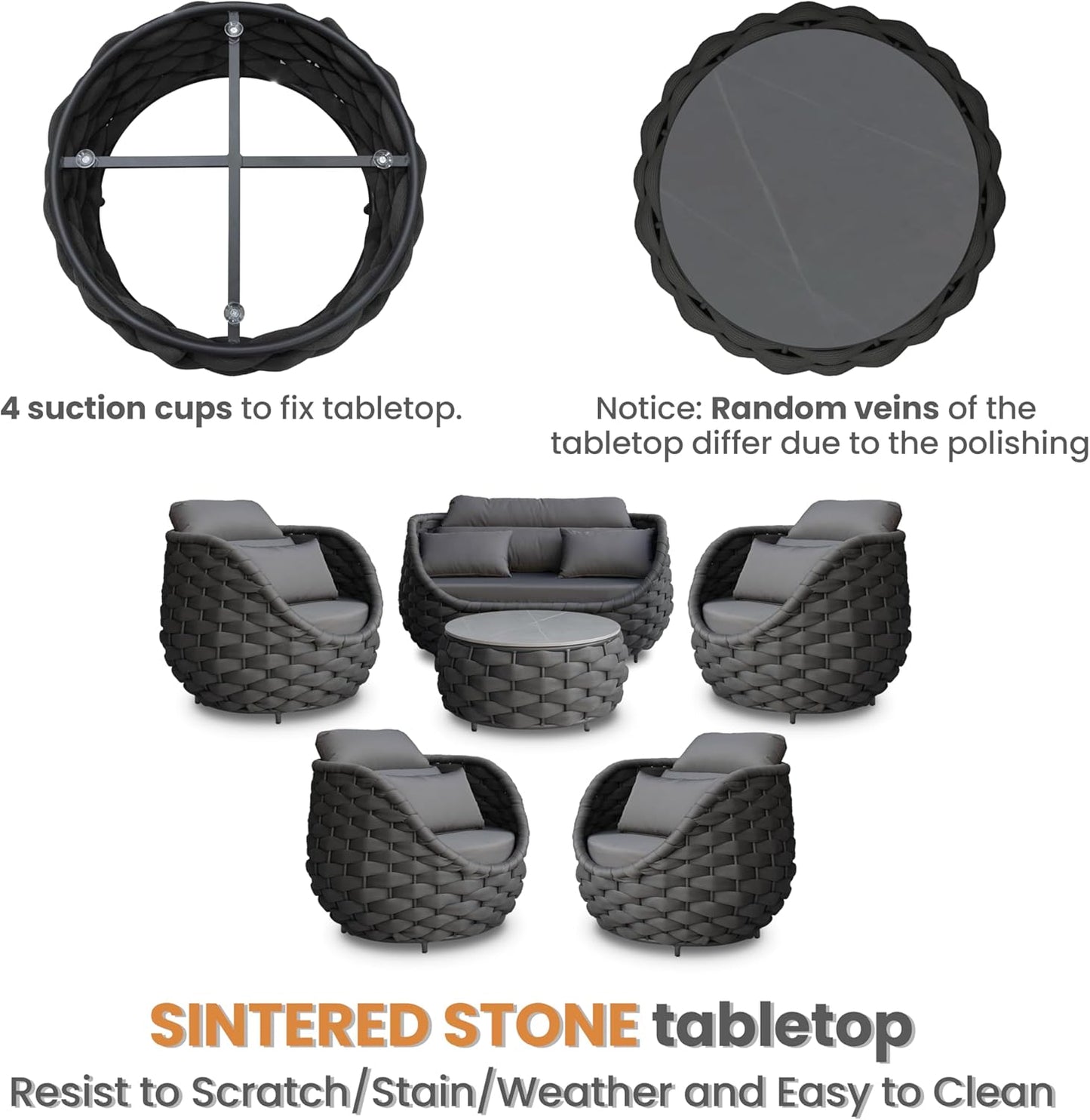 Cushioned Outdoor Patio Furniture Set: 6 Pieces Aluminum Porch Conversation Sofa Set - Modern Hand Woven Rope Deck Couch Set - Assembled All Weather for 661lbs Garden Yard Pool Hotel, Dark Gray