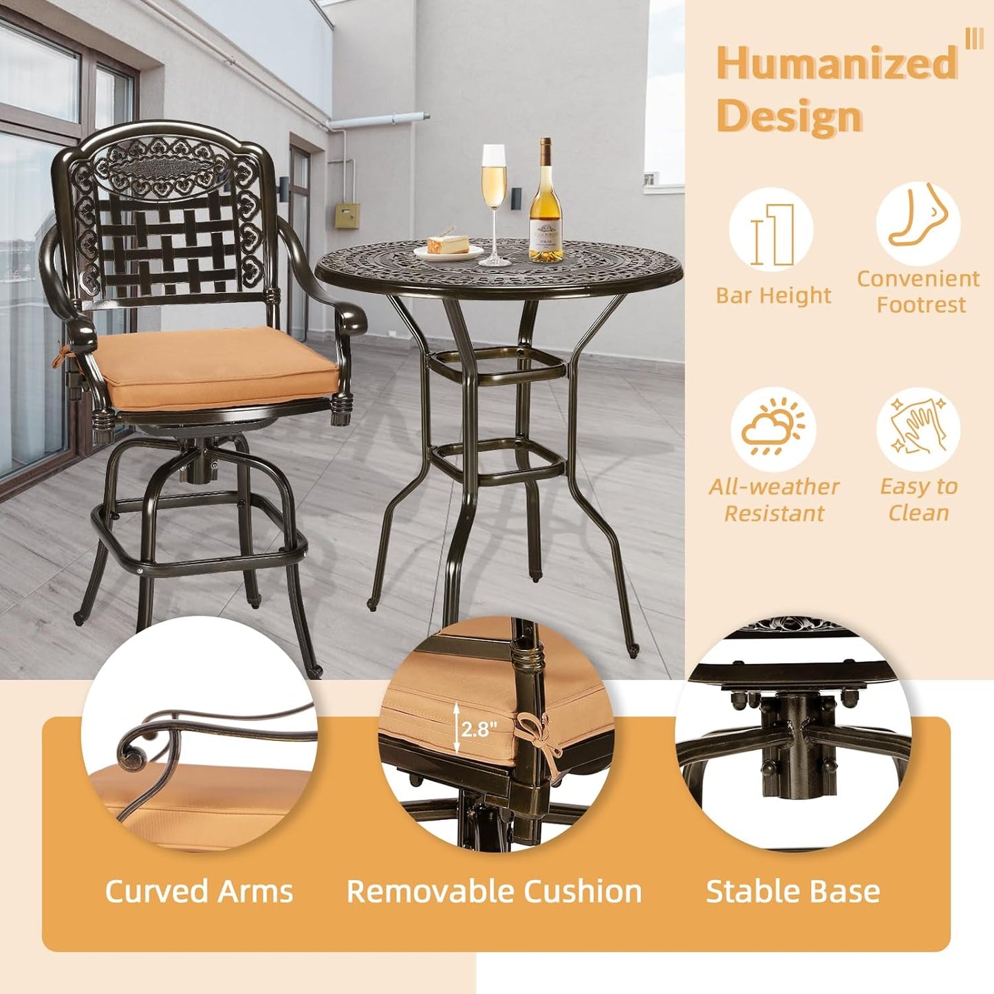 3-Piece Patio Swivel Bar Set, High Top Bar Table & Chairs, All-Weather Cast Aluminum Swivel Bar Stools (2) & 38.5" Table, Patio Bistro Set