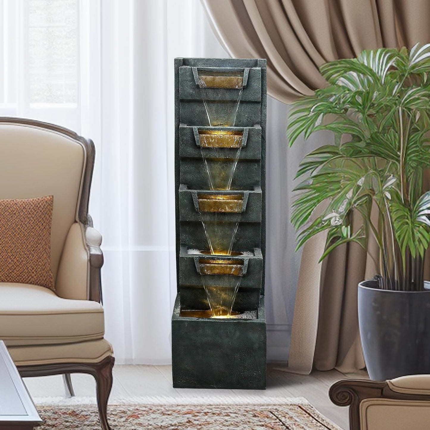 SunJet 4-Tiers Modern Cascading Indoor/Outdoor Fountains and Waterfalls with LED Lights - 39.3" High Large Water Fountain for Garden, Patio, Yard, and Deck Decor - Relaxing Water Fountain Outdoor