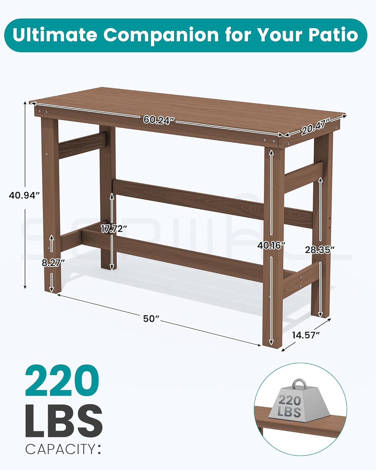 SERWALL 41" Outdoor Bar Table, All Weather HDPE Patio Bar Counter Height Table, Rectangle Patio Bar Table for Outside, Garden, Backyard, Balcony, Poolside, Brown