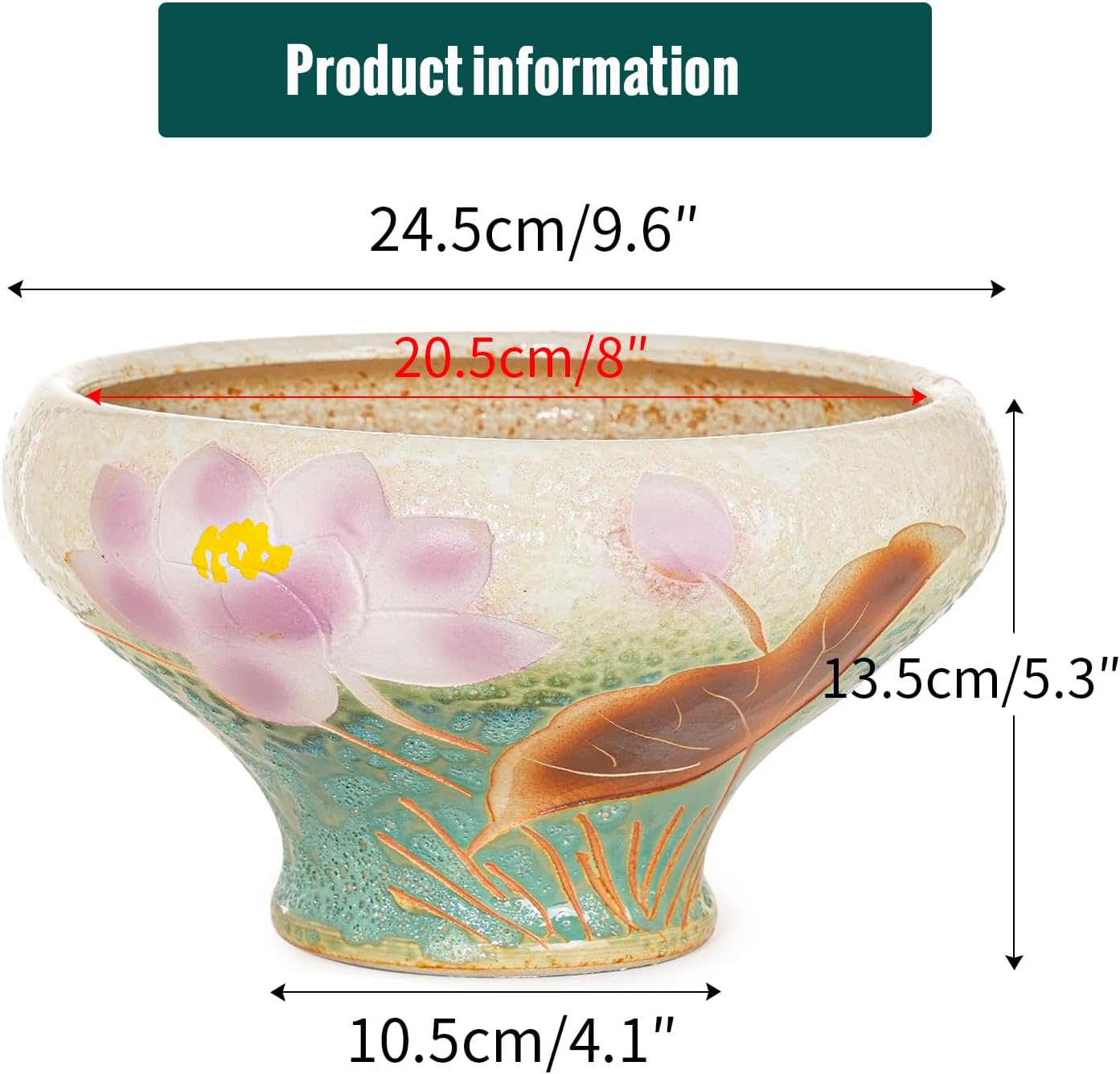 Sungmor 9.6 Inch Large Succulent Plant Pots, Pretty Hand Painted Ceramic Planter with Drainage, Indoor Outdoor Cactus Planter Bonsai Pot, Flower Pot for Indoor Plants Garden Windowsill Desktop Decor