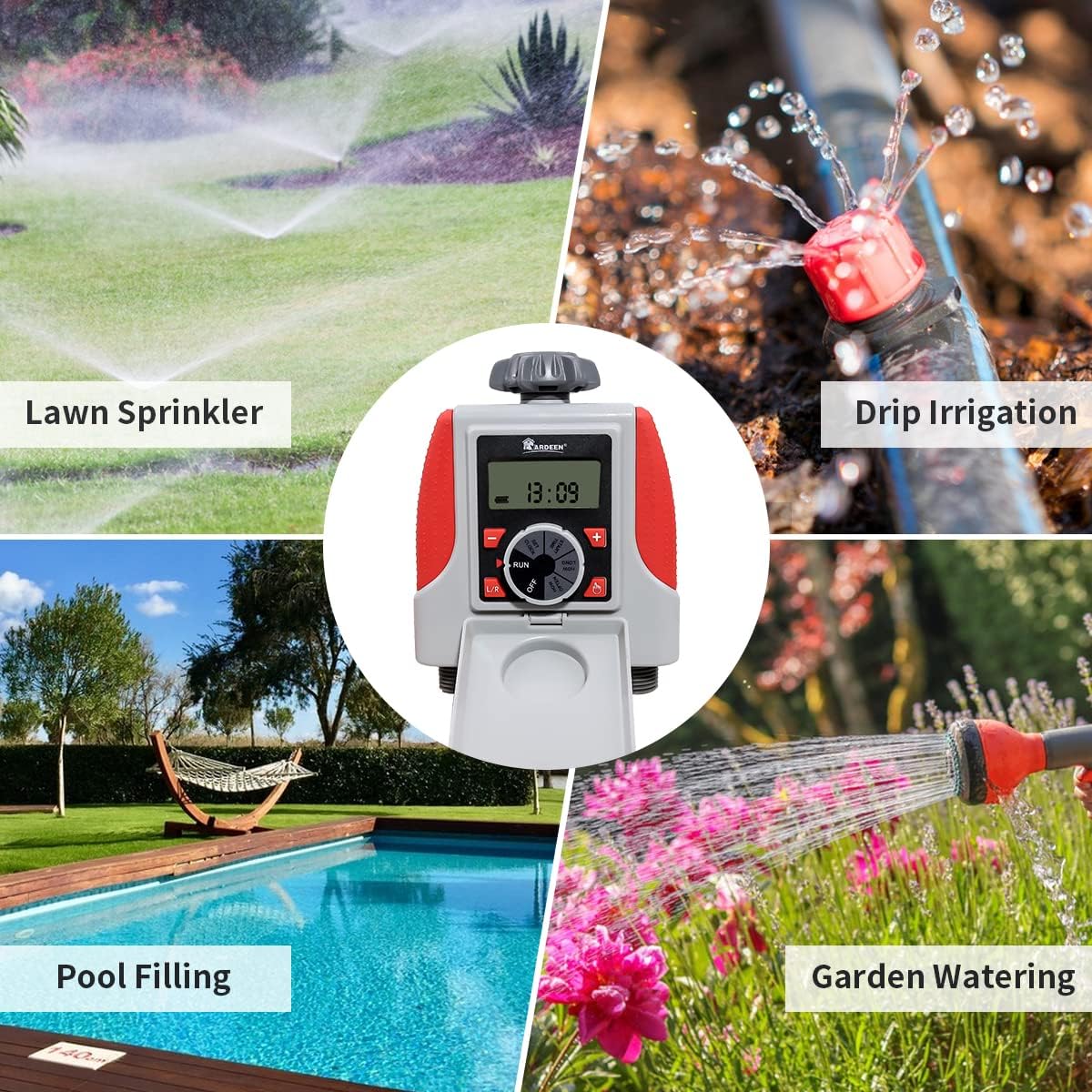 Electronic 2-Outlet Hose Water Timer Waterproof Programmable Garden Yard Sprinkler Timer Automatic Valve Red