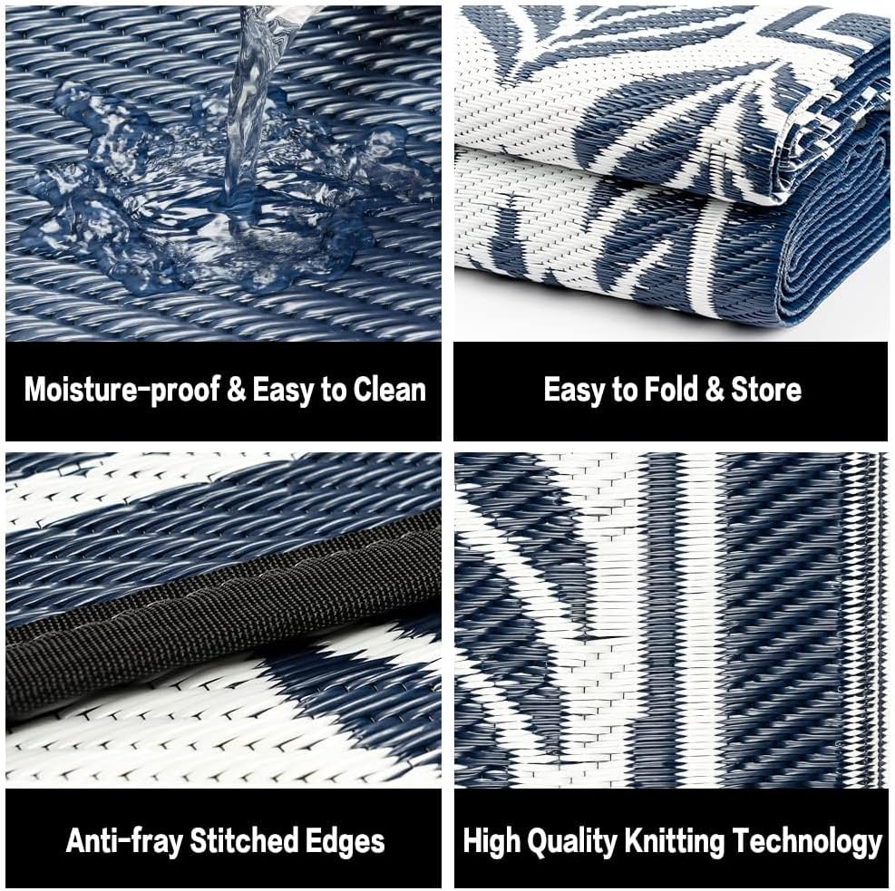 Outdoor Plastic Straw Rug, Waterproof Mat, Washable Large Floor Mat and Rug for Outdoors, RV, Beach, Patio, Camping, Backyard, Deck, Picnic, Outside (5x8ft,Olive-Leaf/Dark Blue&White)