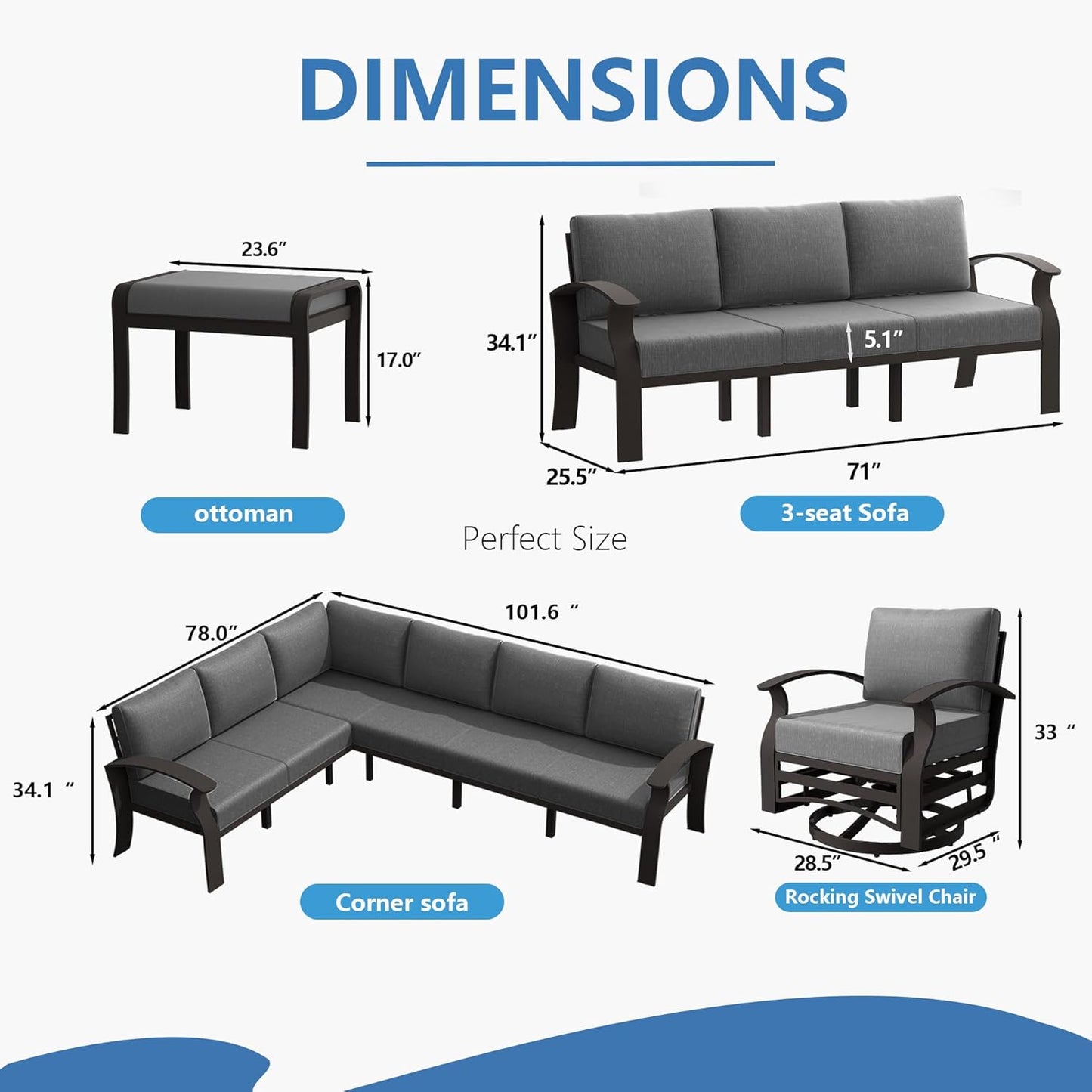 Aluminum Patio Furniture Set, 10 Seats Outdoor Patio Conversation Set with Swivel Chair Modern Metal Patio Sectional Sofa with Coffee Table for Patio, Backyard(Grey).