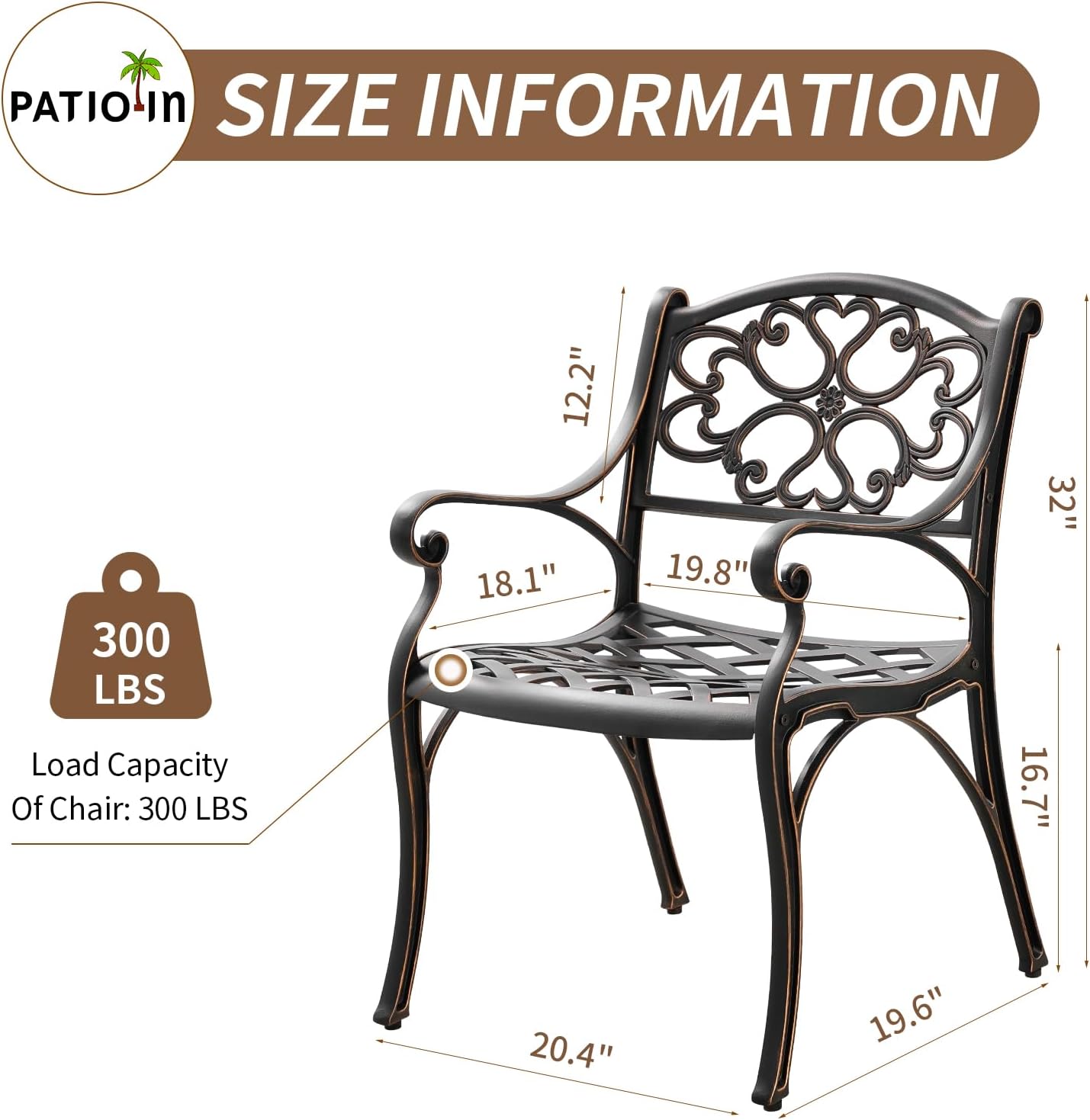 Bistro Set 3 Piece Outdoor Cast Aluminum Patio Bistro Set Patio Set Metal Bistro Table and Chairs Set of 2 with Umbrella Hole for Deck, Gardens, Bronze (Flower Backrest)