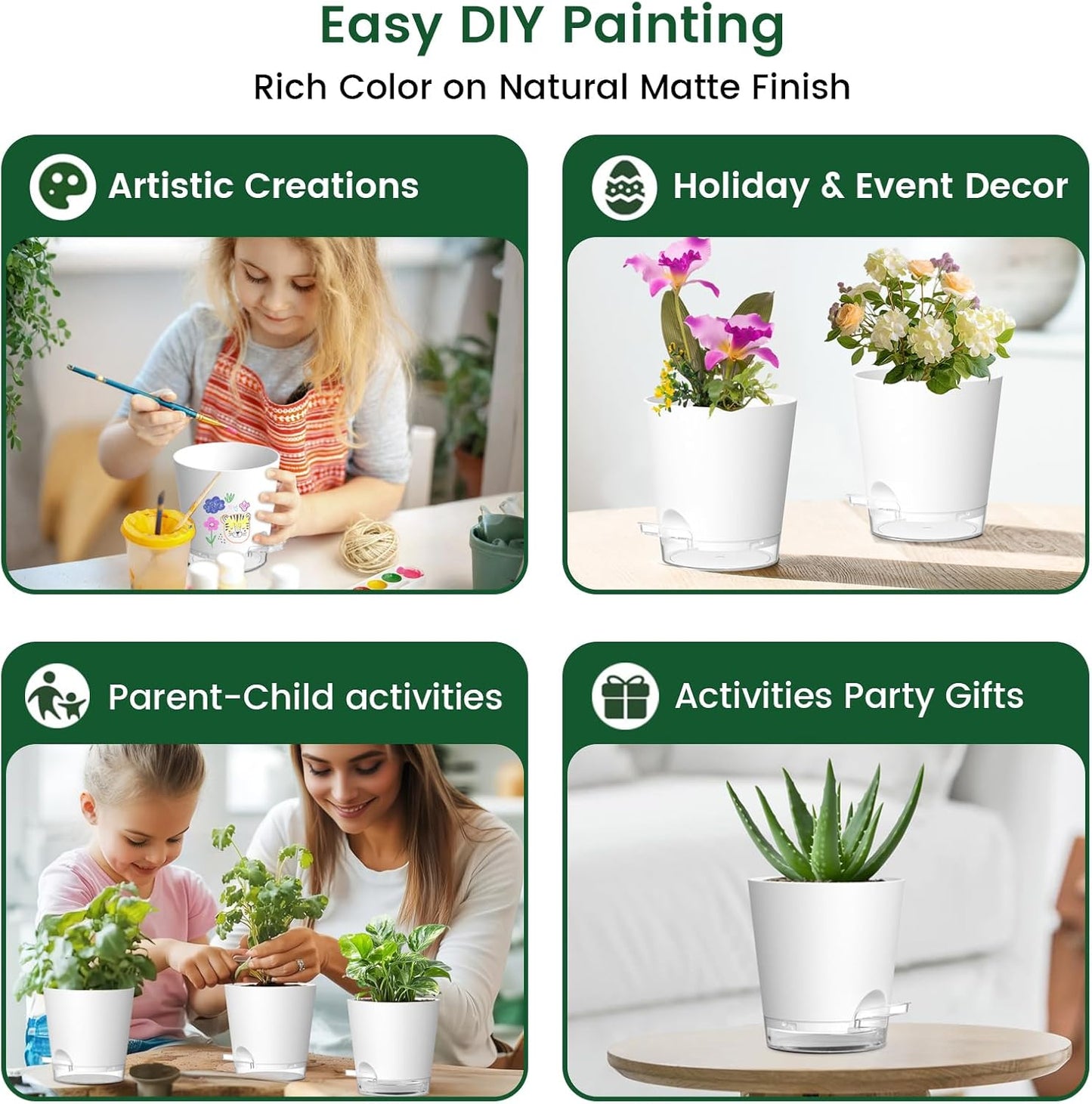 4 inch Self Watering Pots for Indoor Plants, 5 Pack Small Flower Plant Pots with Drainage Holes and Clear Reservoirs, Visible Water Level, Plastic Planters with Wicking Rope, White