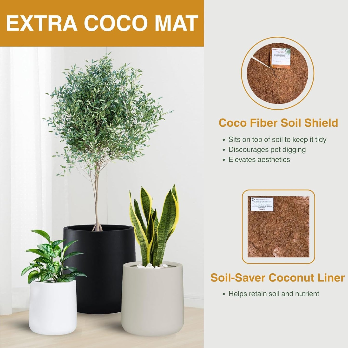 14" H x 13.7" D Conico Fiberstone Round Planter with Drainage Hole, Smooth Finishes, Weather Resistant for Indoor and Outdoor Use, Included 2 Extra Coco Mats (Taupe, 10.6" Pot Opening)