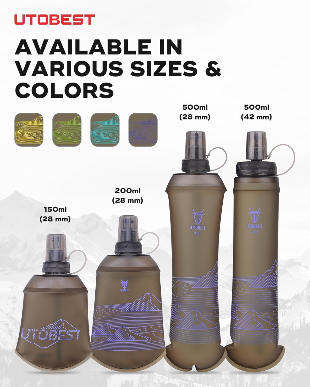 UTOBEST 150ml Soft Flask, 2 Pack Flexible TPU Hydration Water Bottle, Collapsible with 28mm Caliber for Running, Hiking, Cycling, Climbing, and Marathon Purple