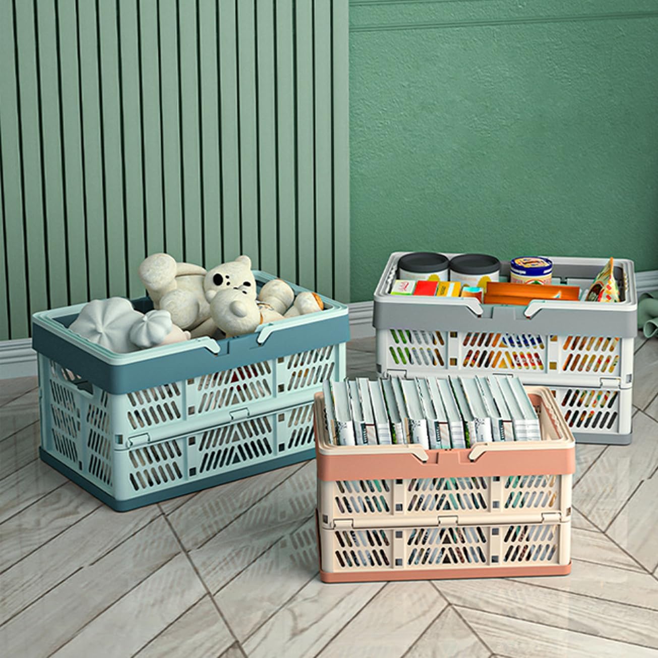 Foldable Handle Storage Crate Bin - 20L Collapsible Plastic Crate Stacking Storage Basket - Pink & Rose M