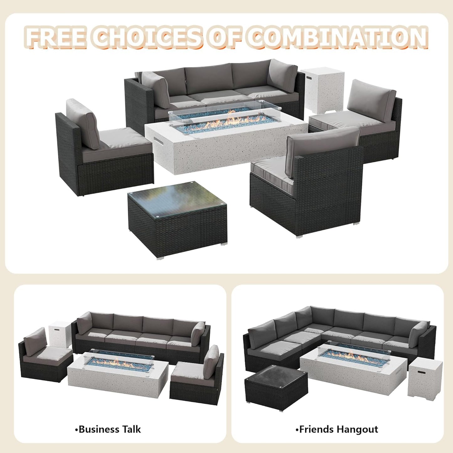 8 Piece Patio Furniture Set - Outdoor Conversation Sets with 56" Fire Table and Coffee Table, Rattan Modular Sofa Set for Garden/Poolside, Grey/Black