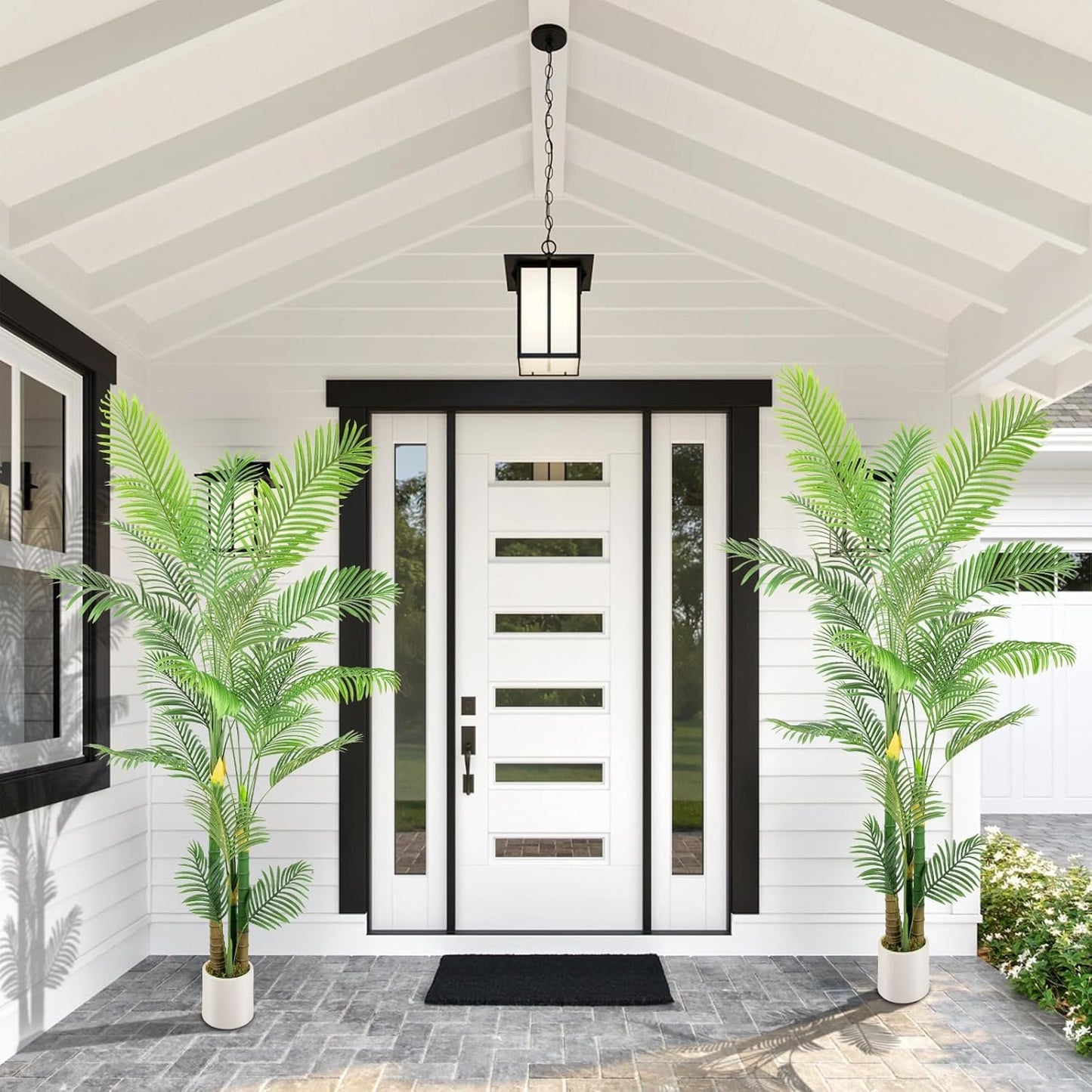 Artificial Fake Palm Tree 9FT 2Pack with White Planter & Free Moss, UV Resistant Artificial Palm Tree for Outdoors, Fake Plants for Poolside Home Room Decor, Faux Plants Outdoor Decor