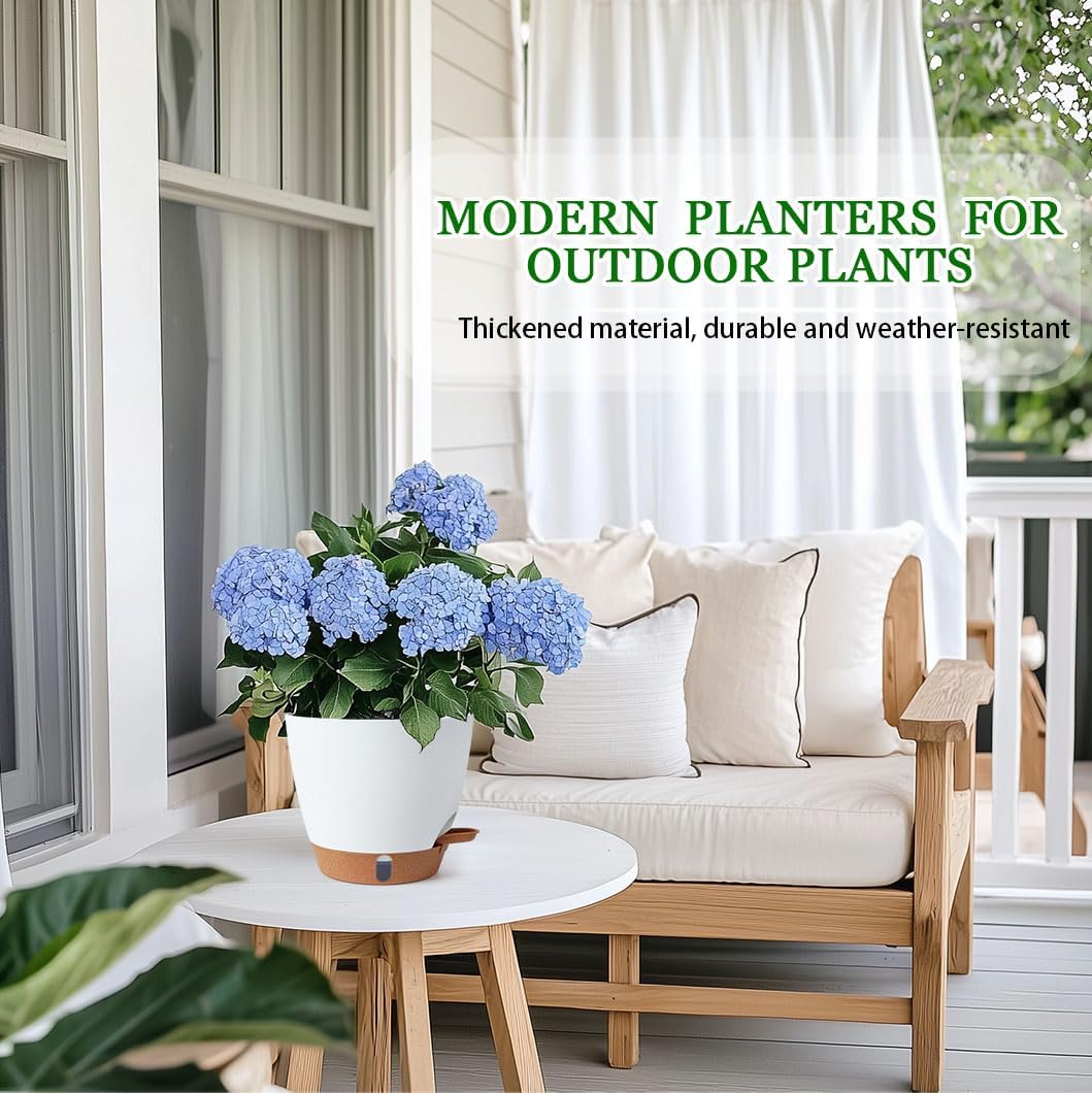 2 Pack 8 Inch Pots for Plants Indoor, Plastic Self Watering Planters with Drainage Holes, Water Level Indicator & Deep Reservoir, Decorative Flower Pots Indoor Outdoor Use (White