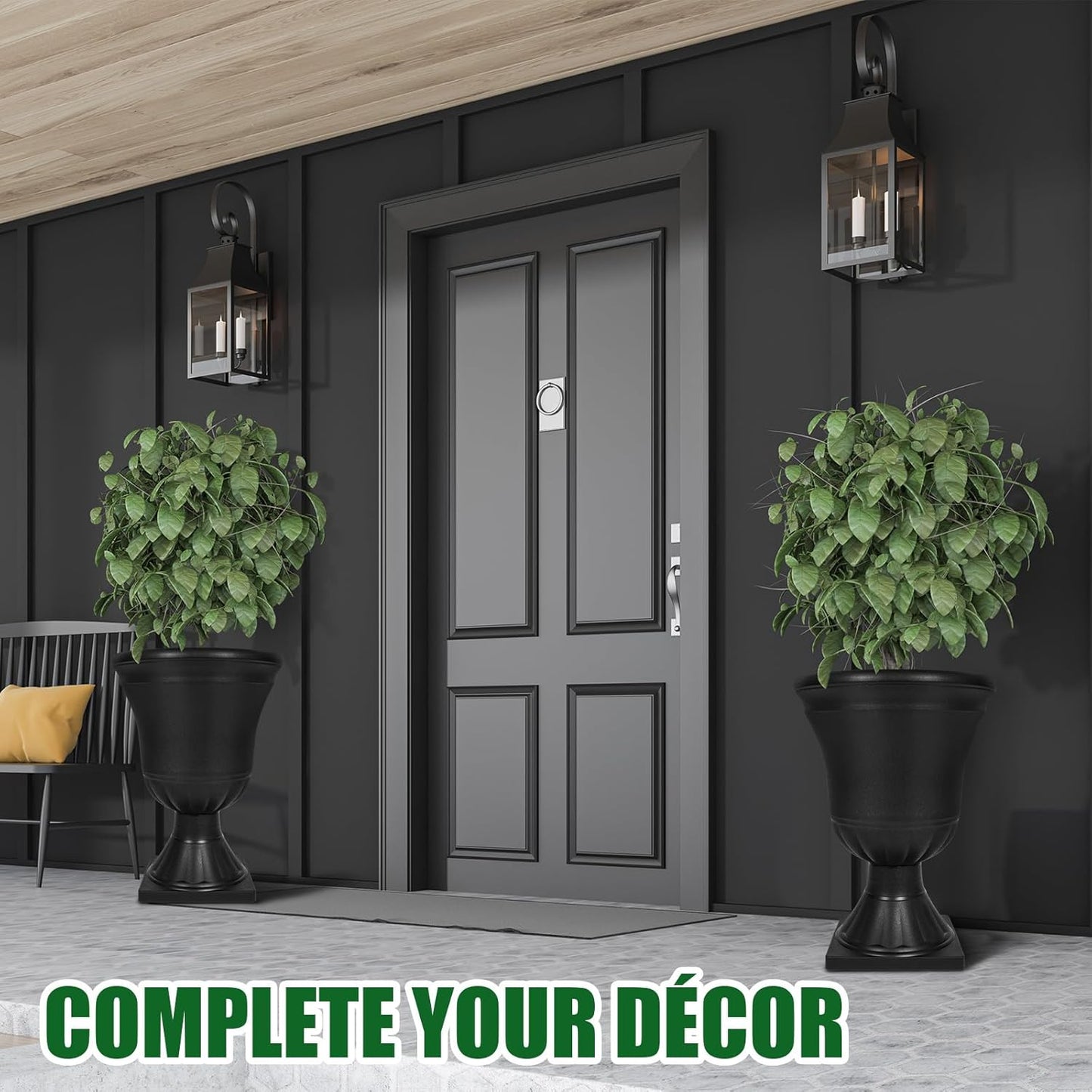 Dandat 4 Pack Large Outdoor Urn Planter 22 inch Tall Plastic Planter for Front Proch Classic Vase Decorative Garden Pot for Indoor Outdoor Door Patio Deck Decor(Black)